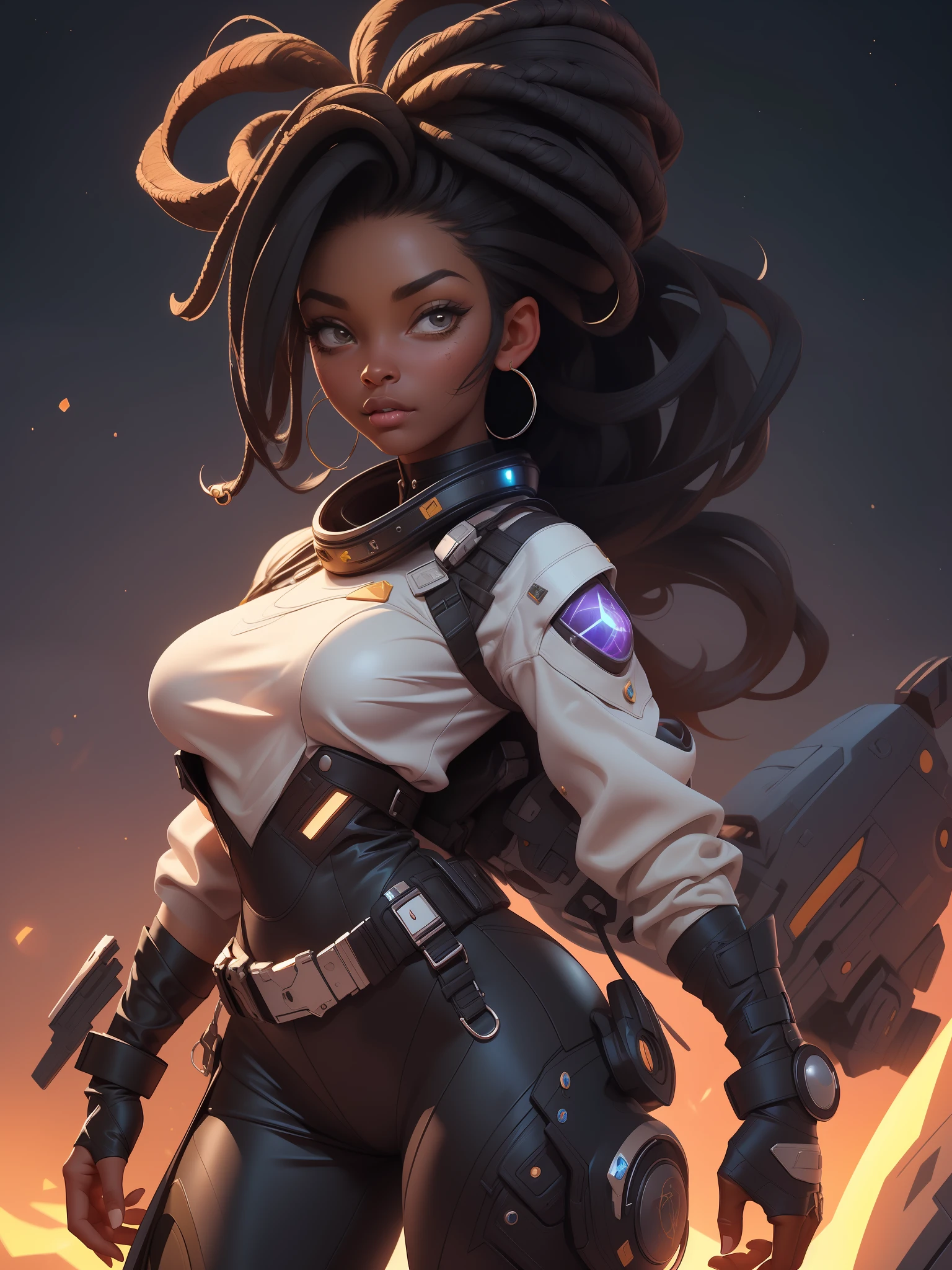 obra prima, melhor qualidade, proporcional, ultra detalhada, (uma linda mulher negra, cowgirl do oeste selvagem, de cabelos grossos), abordo de uma nave espacial, sci-fi, futurista, detalhado, 8k, artstation, proportion Aurea