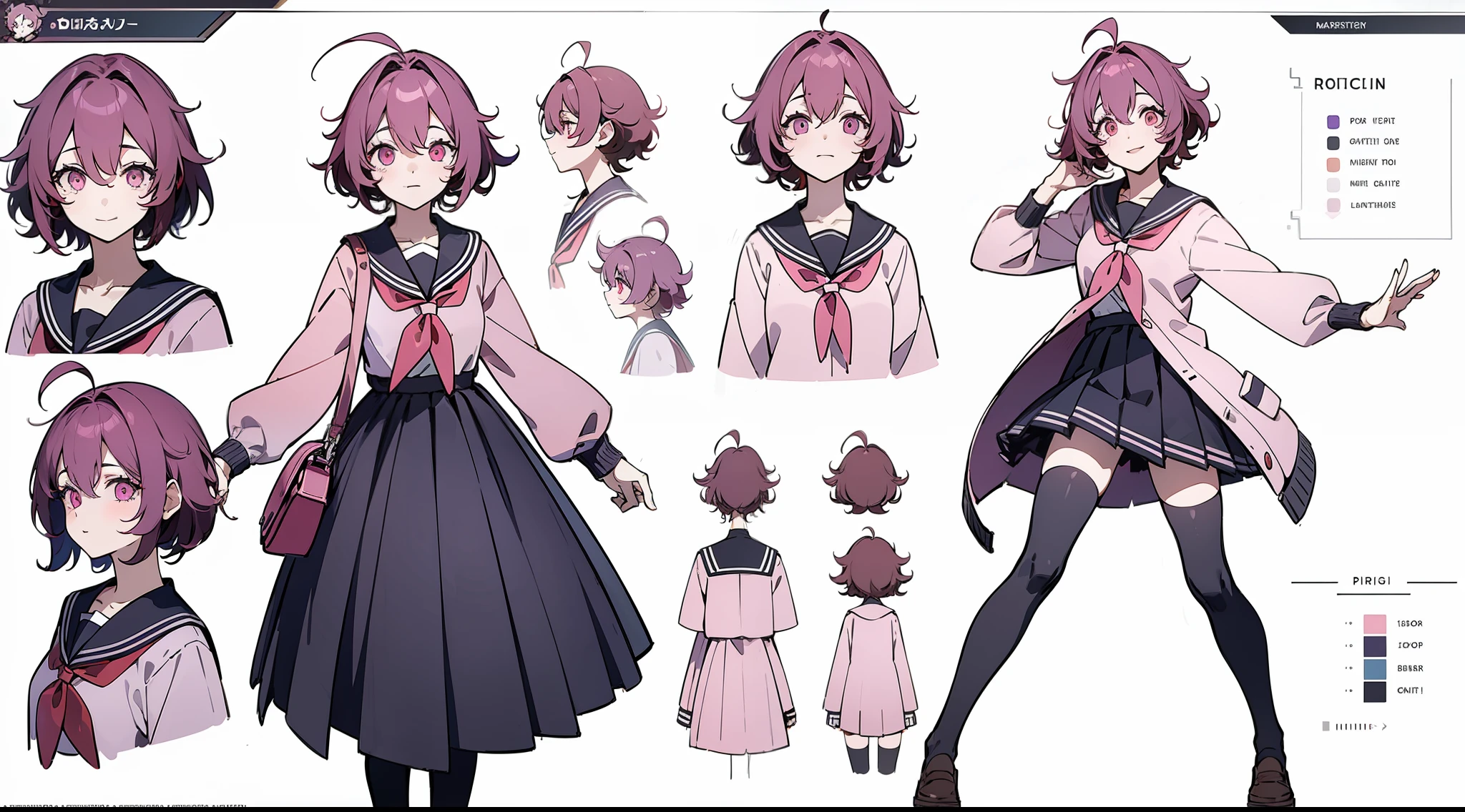 ((Masterpiece, highest quality)), detailed face, character sheet, Full body, 1girl, pink eyes, dark purple hair, short hair, ahoge, ((messy hair)), hair between eyes, school uniform, cardigan, black thigh-highs, smile, yandere, dark, pink theme, pale skin, full of details, multiple poses and expressions, highly detailed, depth, many parts