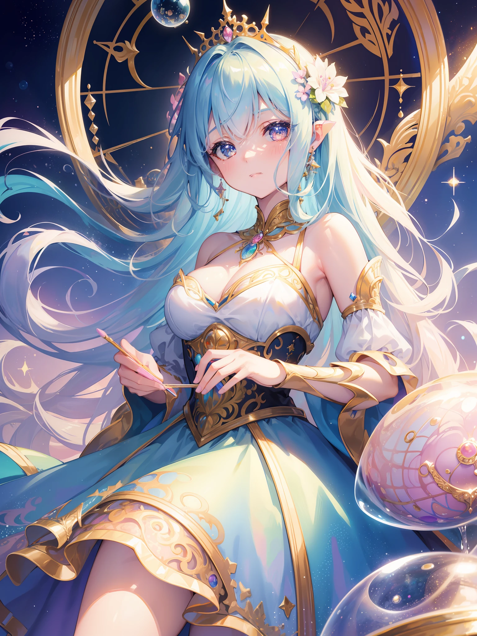 masterpiece, best quality, 8k resolution, sharp focus, intricate detail, beautiful girl, sparkling eyes, golden ratio face, otherworldly liquid, watercolor, ((pastel colors)), bright colors, whimsical, colorful, sharp focus, high resolution, fine detail, princess fantasy ballgown, ((round eyes)), iridescent bubbles, castle landscape in background