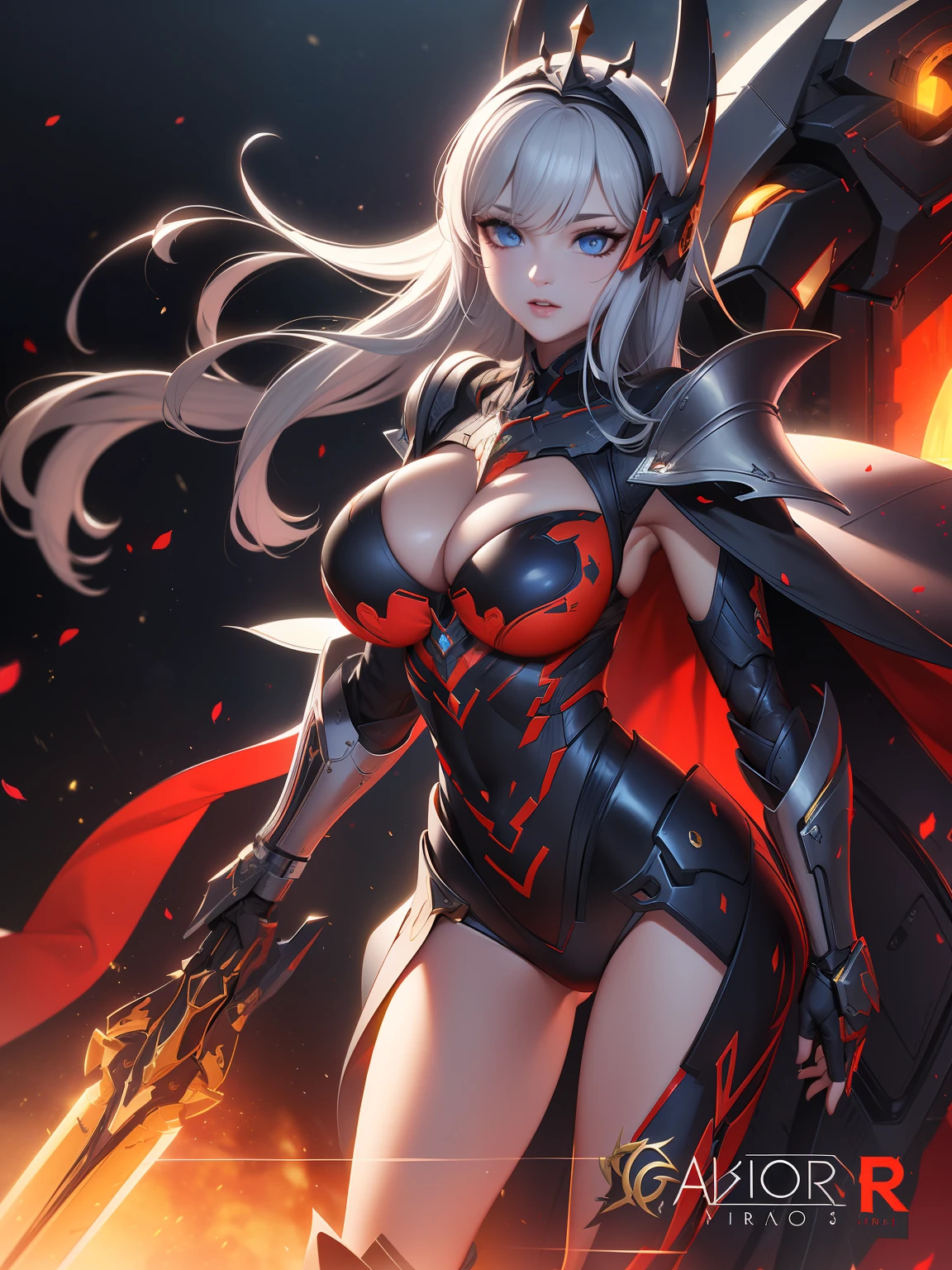Exoskeleton mech,afofuturism,Gold and red theme style,Love Coco style,offcial art,Unity 8k wallpaper,Hyper-detailing,Master masterpieces,,Best quality at best,A woman who is,(The is very detailed),(RAW photos,best qualtiy),(Realistis,realisticlying:1.3),High- sharpness,Open Your Mouth Lightly,Ultra detailed complex 3D rendering of the face,Complex mechanical back machine,(highly detailedskin:1.2),(Exposing private parts,:1.1),Beautiful Caucasian Woman,Soft breasts and fair skin(toppless) ,boobgasm,Black color hair,eBlue eyes,long whitr hair,((Clear silk rope miniature bikini)),dynamic angle,Mysterious expressions,fire glow effect,Fantasy background,edge lit,Side brightness,cinematric light,hyper HD,8K,filmgrain,Best shadow,light particules,detailed skin textures,Detailed jewel armor texture,detailed face with,with intricate detail,ultra - detailed,brightly,sturdy,Silver armor,cleavage,Slender abs, Weapons with luminous machinery,Mecha shield,pole,(Beautiful huge mech crown with details)),shinning eyes,long cape,fanciful,,,,,(Realistis),