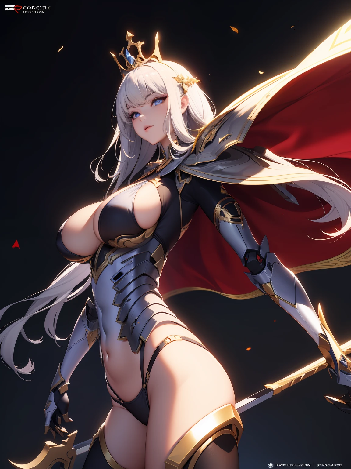Exoskeleton mech,afofuturism,Gold and red theme style,Love Coco style,offcial art,Unity 8k wallpaper,Hyper-detailing,Master masterpieces,,Best quality at best,A woman who is,(The is very detailed),(RAW photos,best qualtiy),(Realistis,realisticlying:1.3),High- sharpness,Open Your Mouth Lightly,Ultra detailed complex 3D rendering of the face,Complex mechanical back machine,(highly detailedskin:1.2),(Exposing private parts,:1.1),Beautiful Caucasian Woman,Soft breasts and fair skin(toppless) ,boobgasm,Black color hair,eBlue eyes,long whitr hair,((Clear silk rope miniature bikini)),dynamic angle,Mysterious expressions,fire glow effect,Fantasy background,edge lit,Side brightness,cinematric light,hyper HD,8K,filmgrain,Best shadow,light particules,detailed skin textures,Detailed jewel armor texture,detailed face with,with intricate detail,ultra - detailed,brightly,sturdy,Silver armor,cleavage,Slender abs, Weapons with luminous machinery,Mecha shield,pole,(Beautiful huge mech crown with details)),shinning eyes,long cape,fanciful,,,,,(Realistis),