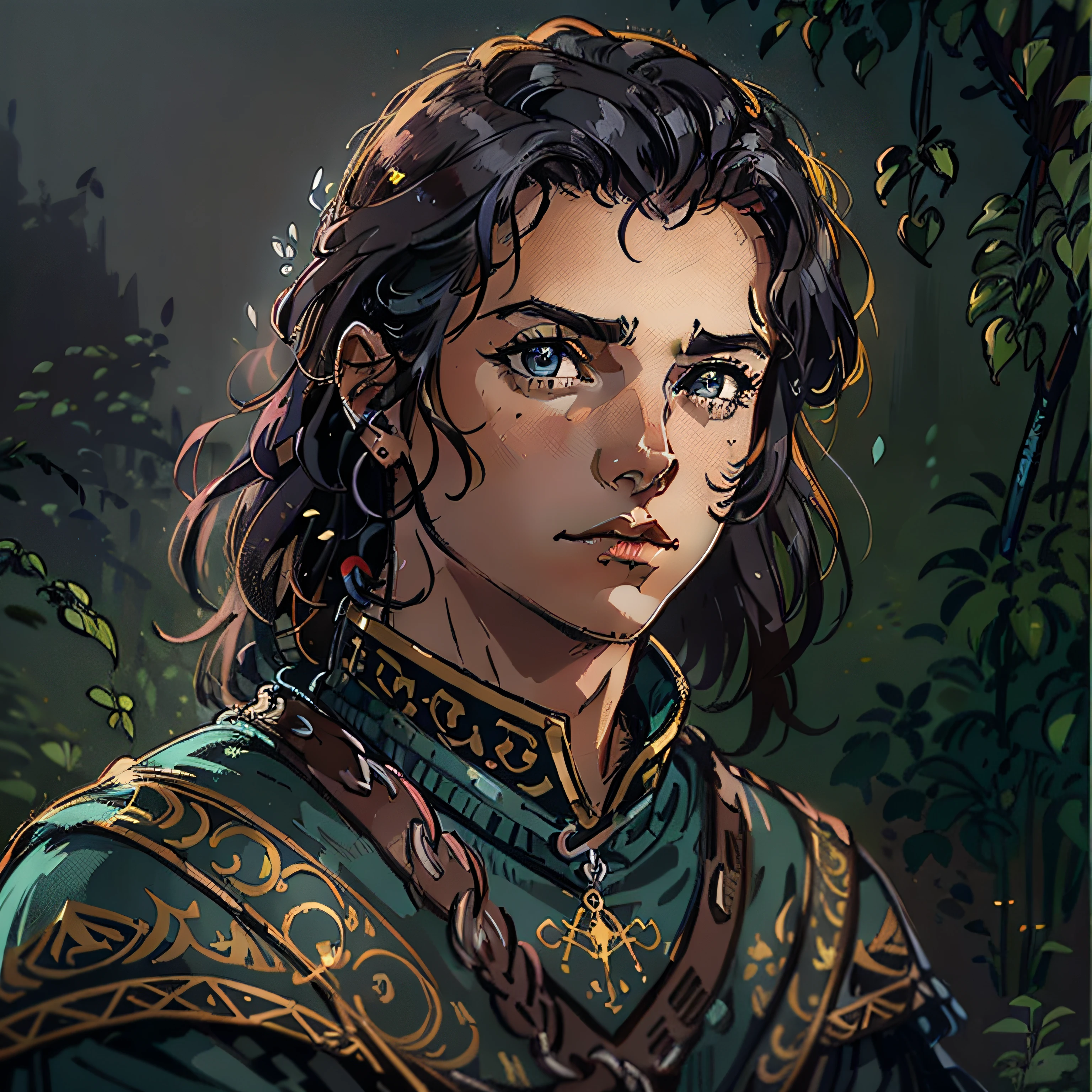 jovem de 20 anos, cabelos longos e claros, roupa de couro como um uniforme de guarda mas com aspecto de aprendiz de mago, thin but with a friendly face and dark eyes, character, medieval fantasy, close up portrait