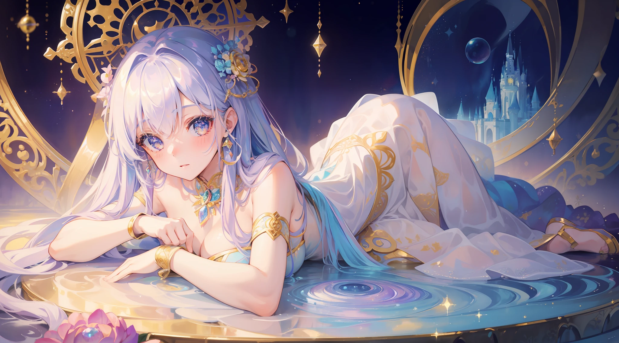masterpiece, best quality, 8k resolution, sharp focus, intricate detail, beautiful girl, sparkling eyes, golden ratio face, otherworldly liquid, watercolor, ((pastel colors)), bright colors, whimsical, colorful, sharp focus, high resolution, fine detail, princess fantasy ballgown, ((round eyes)), iridescent bubbles, castle landscape in background