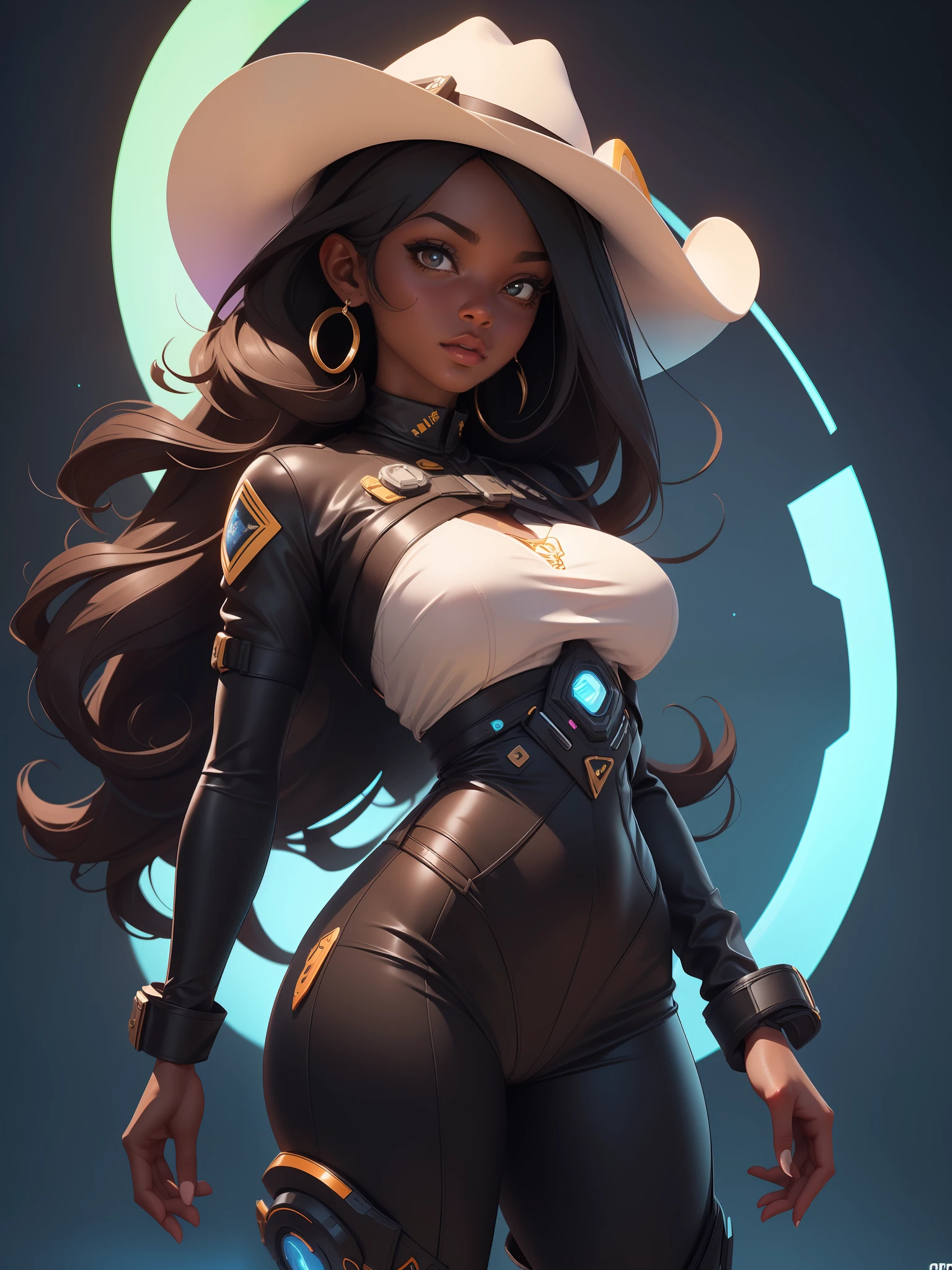 obra prima, melhor qualidade, proporcional, ultra detalhada, (uma linda mulher negra, cowgirl do oeste selvagem, de cabelos grossos, nsfw), abordo de uma nave espacial, sci-fi, futurista, detalhado, 8k, artstation, proportion Aurea