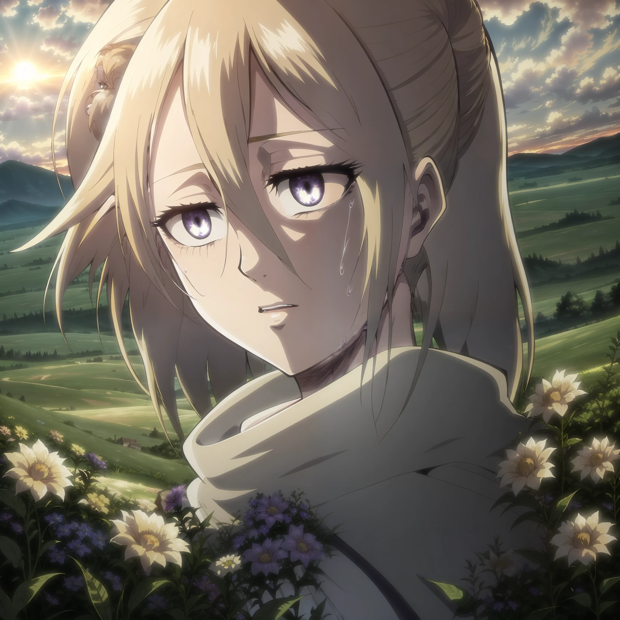 albino woman, long curly hair, violet eyes, a kiss with Levi Ackerman, a field with flowers, sunset