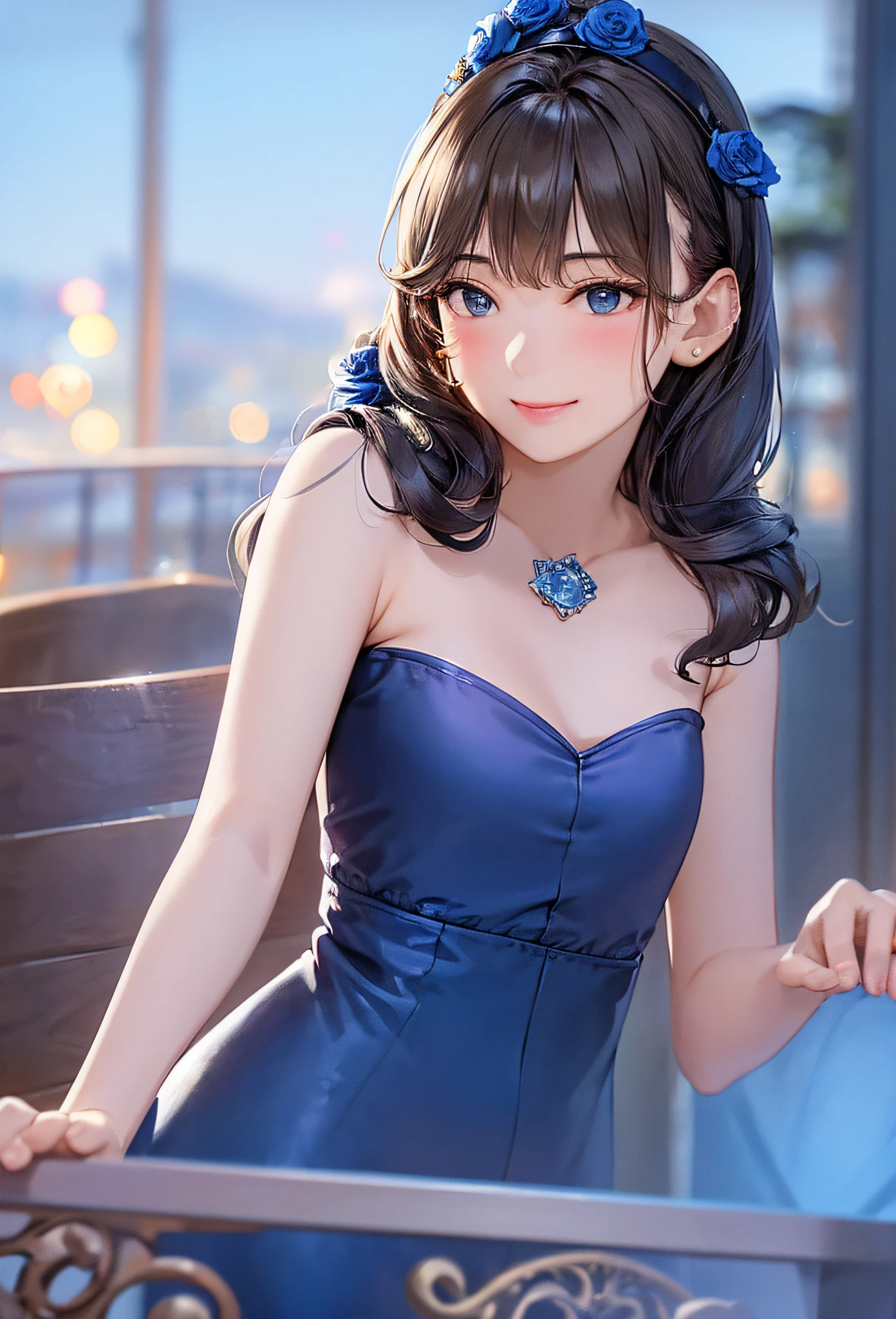 (8k, top quality, masterpiece: 1.2), (realistic, photorealistic: 1.37), super detailed, girl alone, cute, solo, midnight, beautiful detailed sky, detailed café, sitting, dating, (blush), (smile: 1.15), small breasts (mouth closed), beautiful fine eyes, floating hair NovaFrogStyle, back open dress, blue rose accessories, Blue rose background