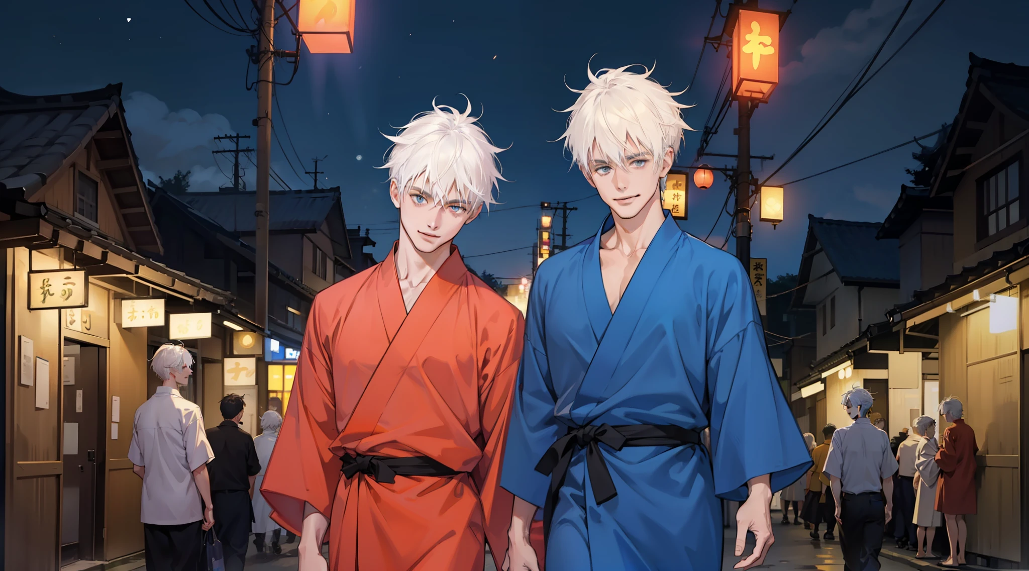 Two men....,White-haired guy.... , The yellow-haired man... , Yukata , Walk the streets, at night , Smiling faces