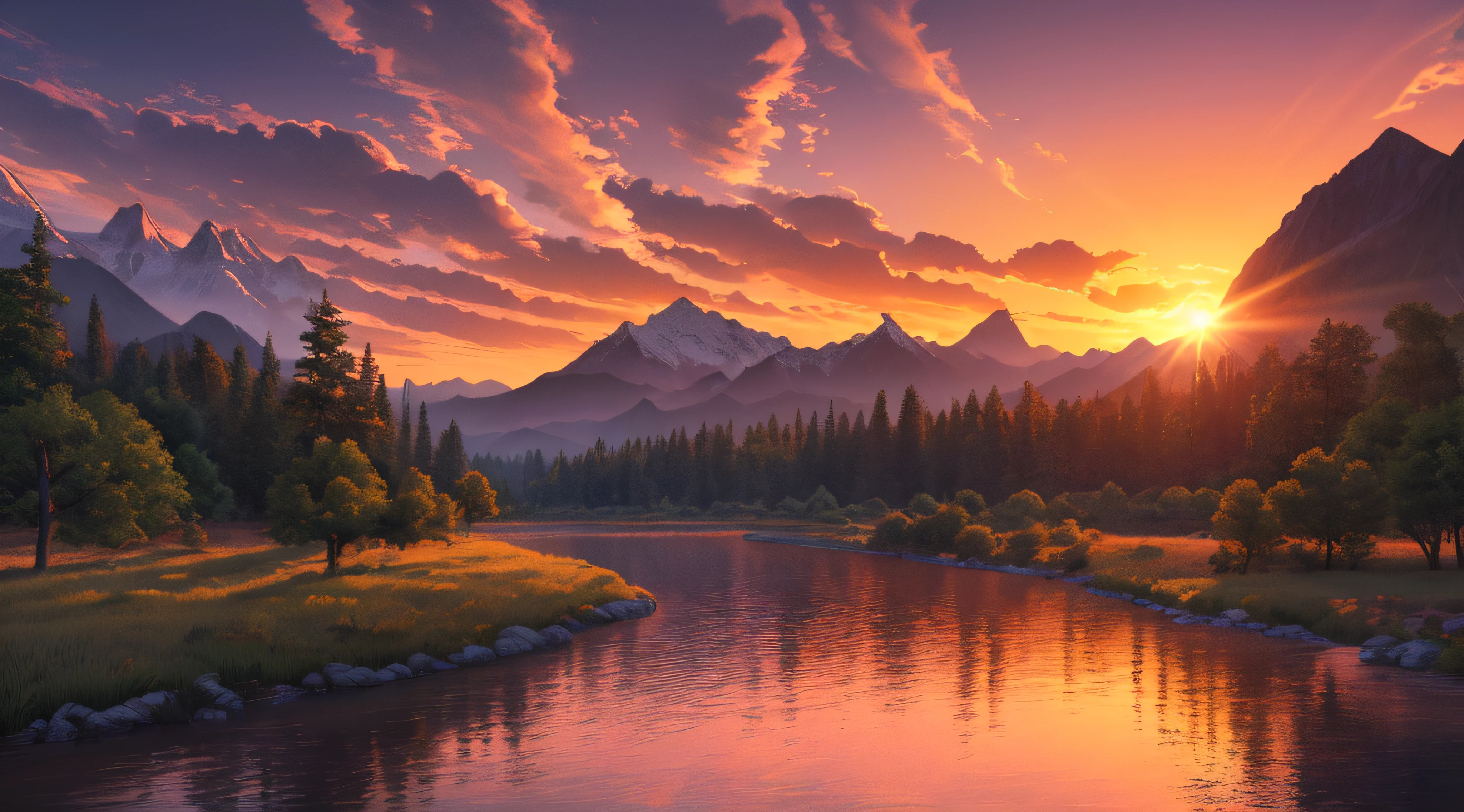 Dusk, river bank, colorful sky, orange-red sun, big mountains, distant mountains, silhouette, beautiful scenery, (very detailed CG unity 8k wallpaper), (best quality), illustration: 1.0), epic composition, realistic lighting, high-definition details , masterpiece, best quality