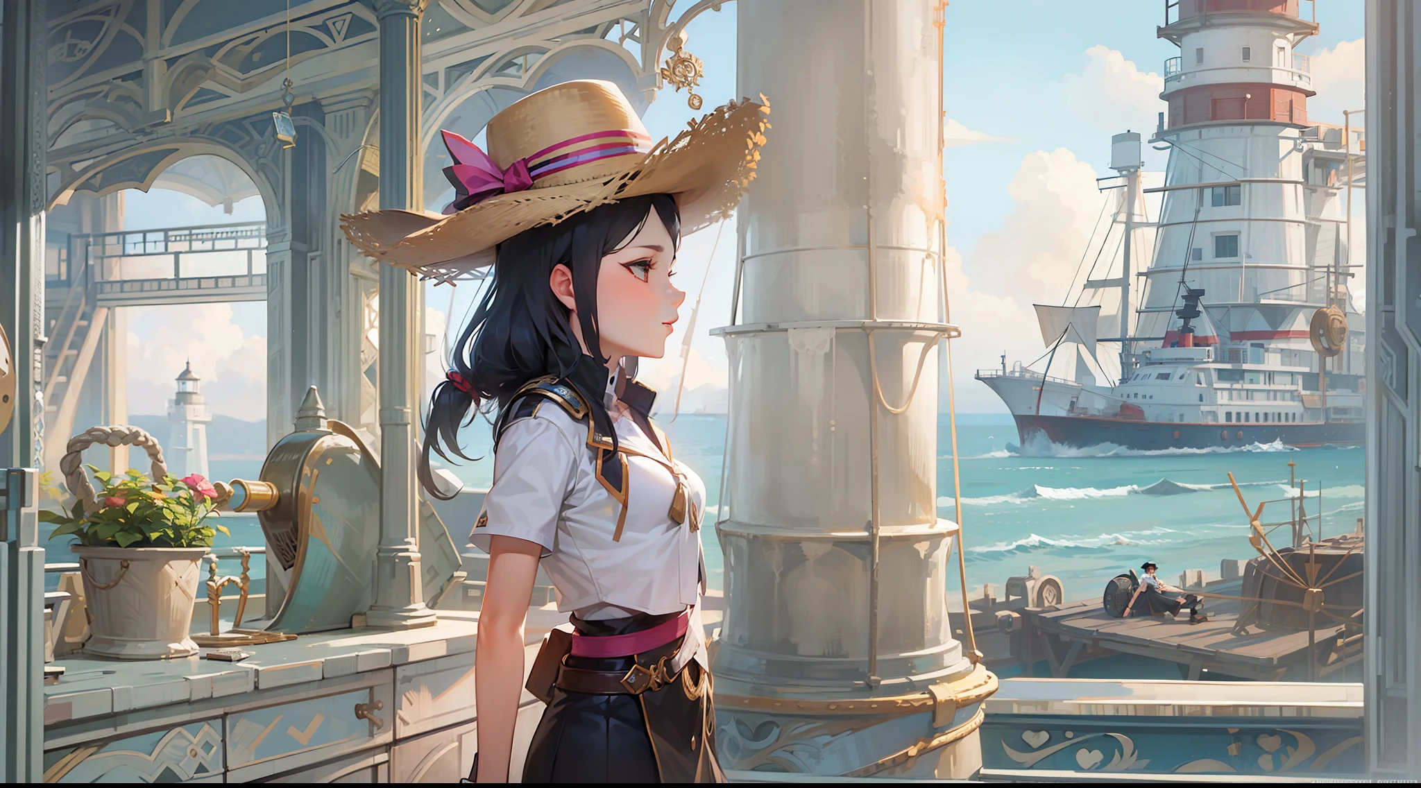 A girl with black hair and cowboy hat talking to a old captain of ship in the seaport near a beautiful white lighthouse