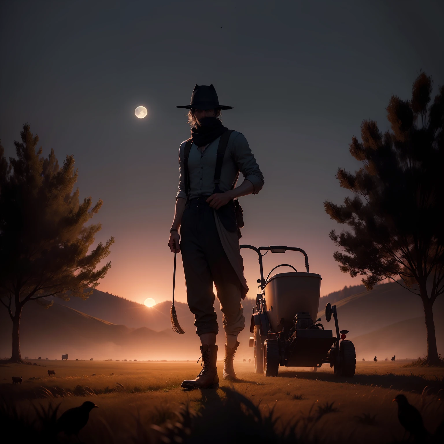 A lonely silhouette of a man mows wheat with a 19th-century mower in the dead of evening. dressed in a disheveled shirt, boots and a scarf tied around his head;. The moon illuminates the field and 2 small birds fly in the direction of the forest in which their nest is located;. ((Realistic lighting, beste-Qualit, 8K, tmasterpiece: 1.3)), Clear Focus: 1.2, (En plein air, the night: 1.1)