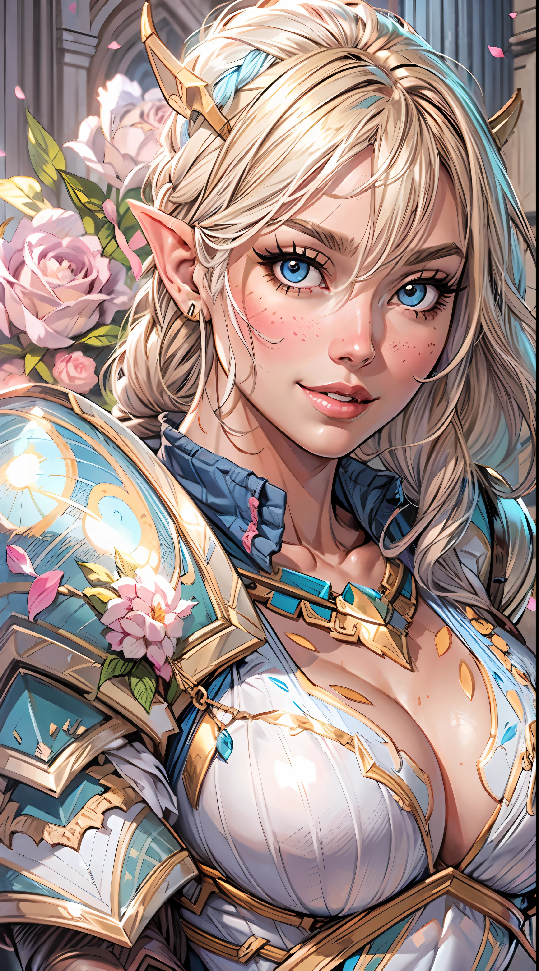 Elven paladin, fantasy, plate gauntlets, plate greaves, butt cape, blonde hair, smiling, zweihander, action pose, white metal bikini armor, pasties, busty, plate boots, delicate, soft features, beautiful detailed face, shiny skin, elegant, beautiful, messy bun, thick thighs, large ass, huge breasts:1.3, upper body, thick, skindentation, full lips, black eyeliner, mascara, pink blush, elegant makeup, divine warrior, Holy knight, blue and white accent streaks, rose petals