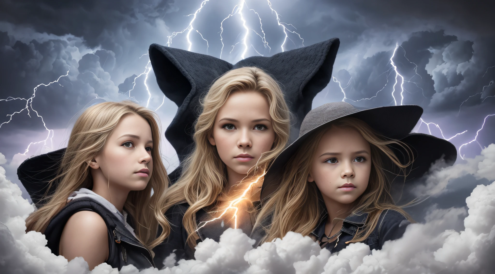 Um meio corpo, Portrait of 3 girls German  long blonde hair BRAIDS of 12 yearsas couro vermelhas, holding in his hands a cross, Image of a large cloud of black smoke and lightning, magic storm and thunder clouds, Dark clouds and lightning, stormy sky with thunders, dark storms with lightning, thunderstorm in the sky, tempestade assustadora, fundo da tempestade, lightning clouds, nuvens tempestuosas escuras, tempestade, Tempo tempestuoso com raios, fundo da tempestade, trovoada ao fundo, fundo da tempestade de raios, Trovoadas