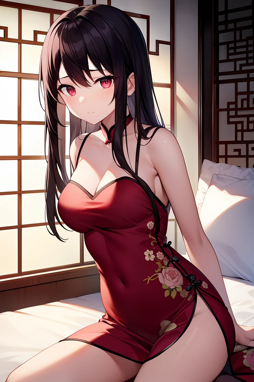 Pubic area is clear,4k wallpaper,HighestQuali,A young girl with long black hair,Burgundy silk slip nightdress(Peony flower pattern),Reallightandshadow,Chinese style bedroom,Traditional red silk bedding,chinese traditional architecture,nighttime scene,The upper part of the body