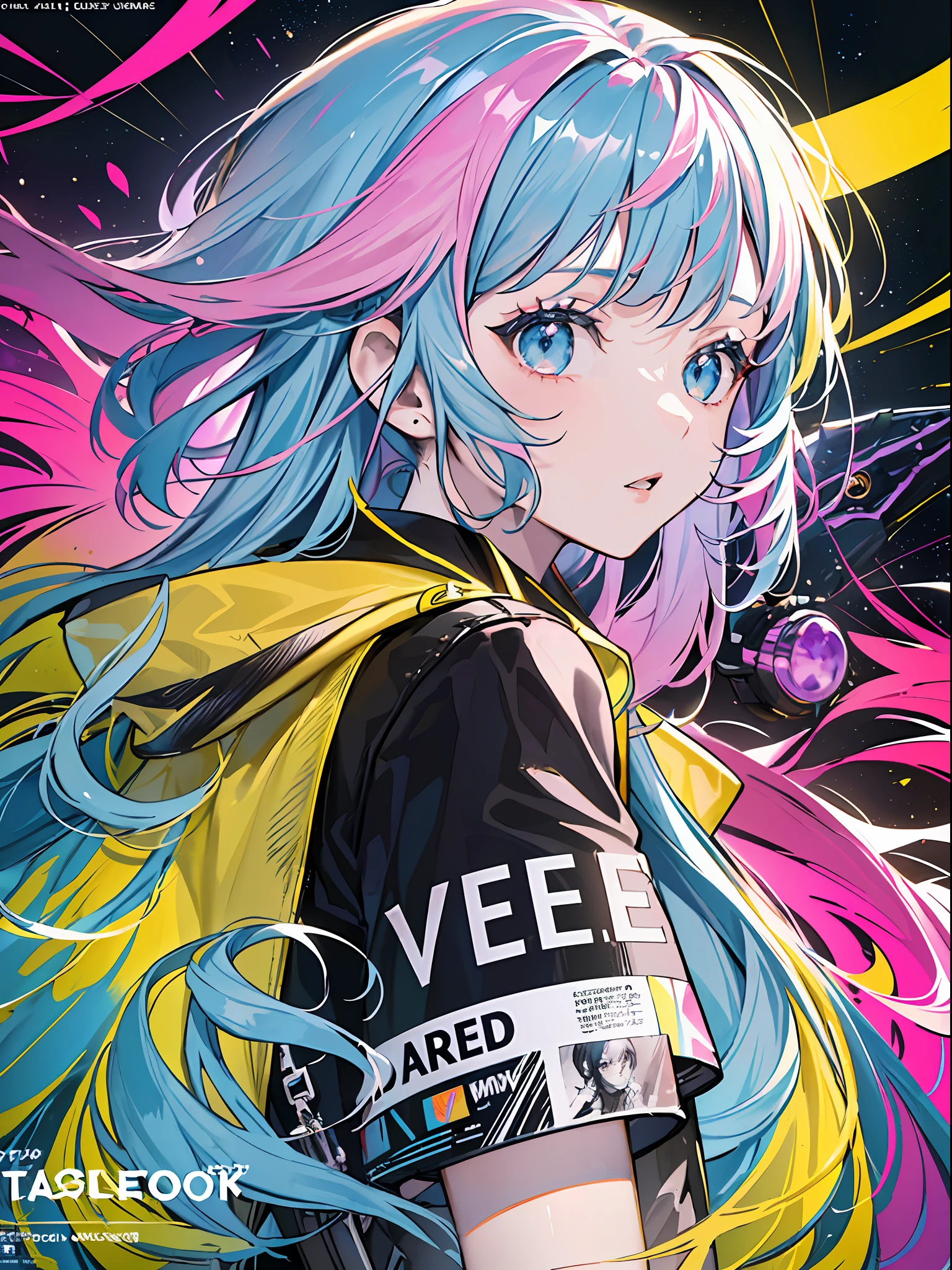 (​masterpiece、top-quality、top-quality、watercolor paiting(Curly)、 (magazine:1.3), (cover-style:1.3), ((((Dramatic)))、(((gritty)))、(((vehement)))、Official art、Beautifully Aesthetic:1.2)、(1girl in:1.3)、(Fractal Art:1.3)、The upper part of the body、From Side、looking at the viewers、patterns、(rainbow-colored hair、colourful hair、Half blue and half pink hair:1.2)、Eau、liquids、​​clouds、colourfull、starrysky、stele、Tastes like a movie poster with a young woman as the main character。She wears stylish and edgy outfits、I have a determined look on my face。The background is bright and rough、Makes you feel danger and strength。Text is bold and attention-grabbing、Has a catchy tagline that adds to the overall sense of drama and excitement。The color palette is predominantly brighter、There are splashes of bright colors、It gives the poster a dynamic and visually striking look。Fashionable, with a vibrant, outfits, the pose, the front, Colorful, Dynamic, Background with, element,  accessorized, An majestic, coiled, surroundings, touch, The scene, Texto, covers, It's bold, captures the attention, titles, stylish, font, Catchy, headline, The large, impressive, moderno, Trendy, focus, lo fashion,