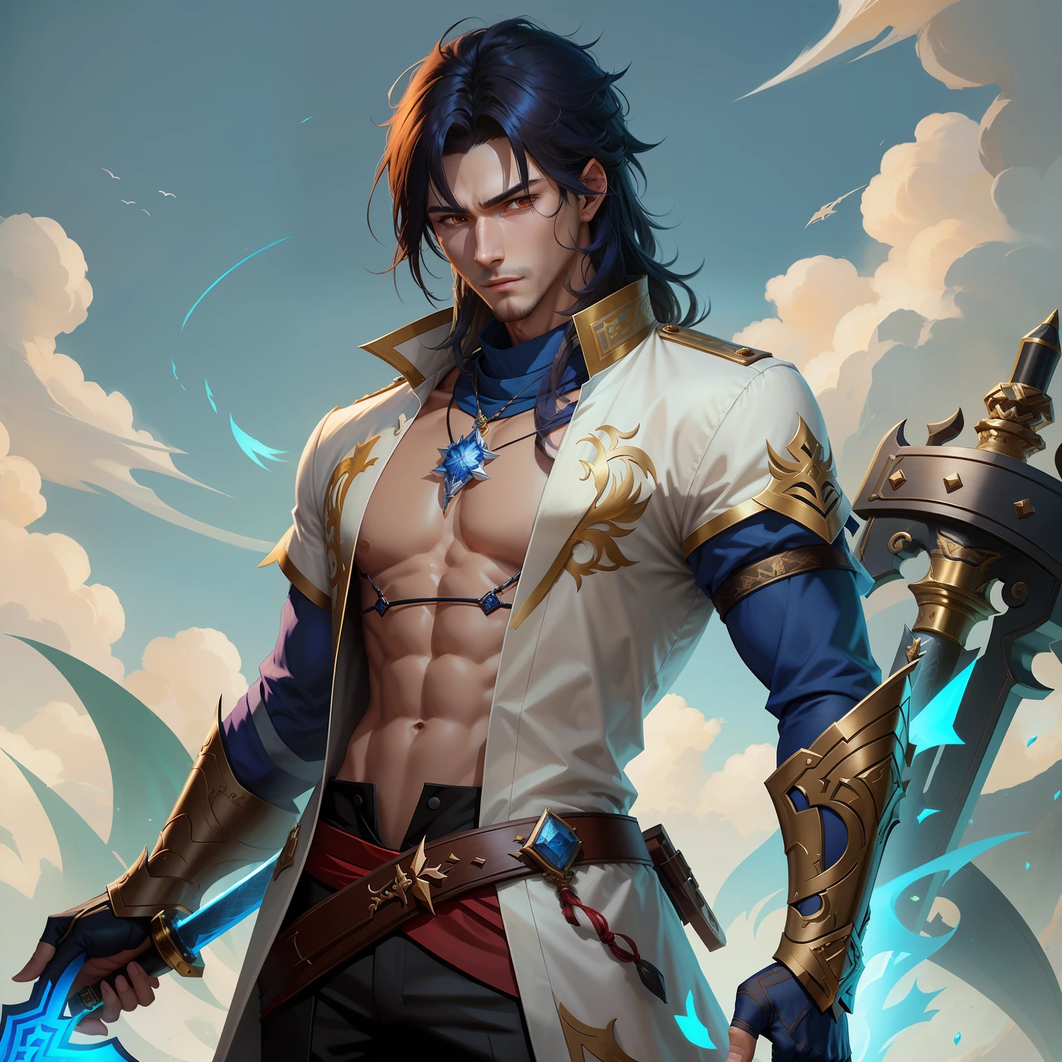 a close up of a man in a white shirt holding a sword, handsome guy in demon slayer art, by Yang J, keqing from genshin impact, zhongli from genshin impact, casimir art, skinny male fantasy alchemist, g liulian art style, inspired in kris from deltarrune, sylas, human male character art