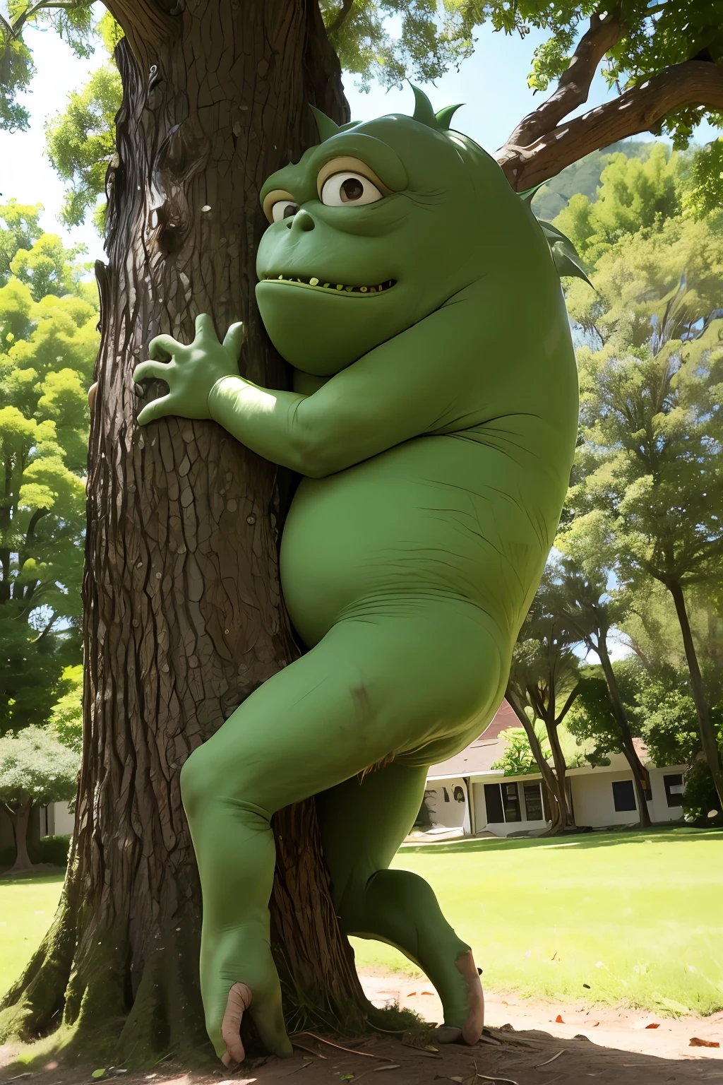 Enquanto caminham pela cidade, 8-year-old John and the green, pot-bellied monster pass through a park where they encounter a huge tree. The monster decides to climb on it to see if it can spot any pieces somewhere far away. John is startled by the idea of climbing the tree, But the monster encourages him and together they begin to climb the branches.