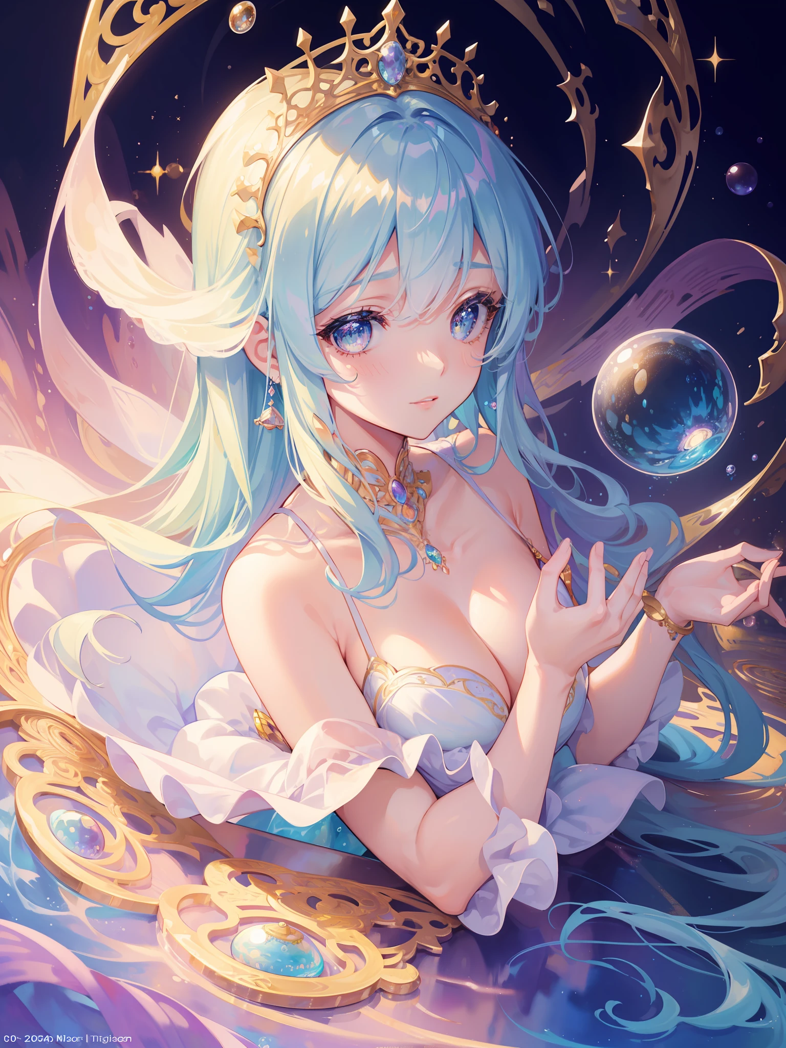 masterpiece, best quality, 8k resolution, sharp focus, intricate detail, beautiful girl, sparkling eyes, golden ratio face, otherworldly liquid, watercolor, ((pastel colors)), bright colors, whimsical, colorful, sharp focus, high resolution, fine detail, princess fantasy ballgown, ((round eyes)), iridescent bubbles, castle landscape in background