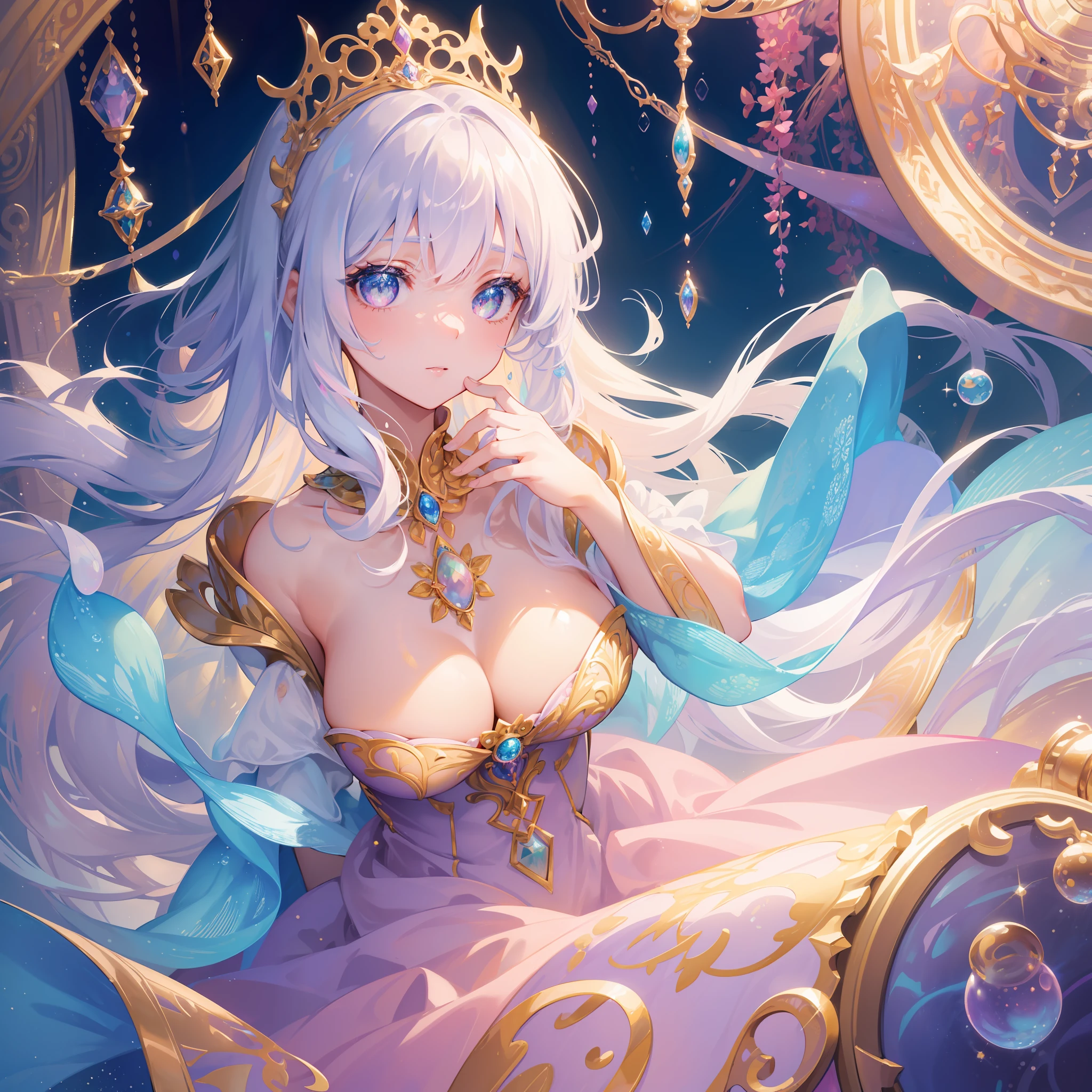 masterpiece, best quality, 8k resolution, sharp focus, intricate detail, beautiful girl, sparkling eyes, golden ratio face, otherworldly liquid, watercolor, ((pastel colors)), bright colors, whimsical, colorful, sharp focus, high resolution, fine detail, princess fantasy ballgown, ((round eyes)), iridescent bubbles, castle landscape in background