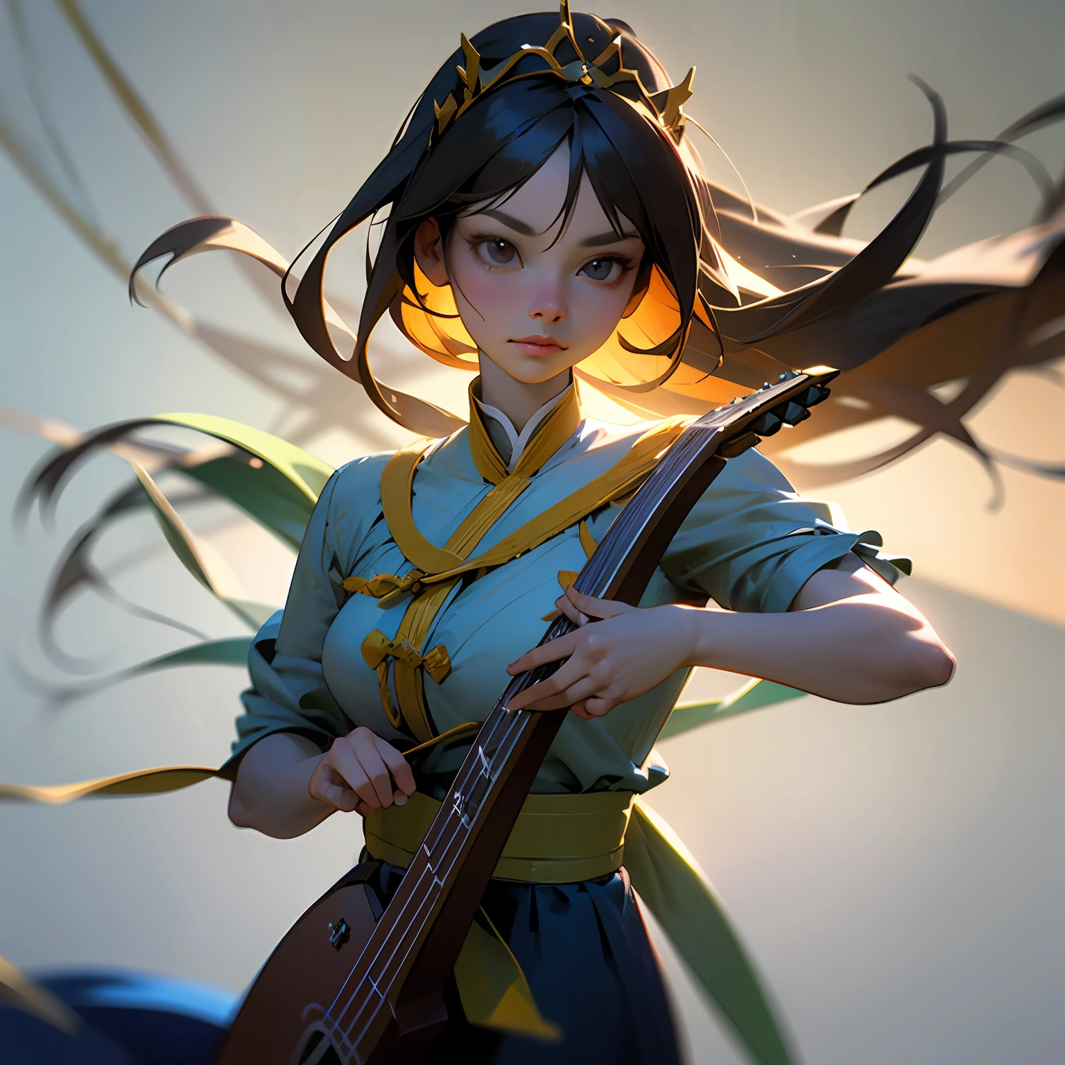 a pregirl，Q version of the image of the Dunhuang flying dancer, Delicate face, And with a lute, Flowing ribbons and skirts, Gorgeous tiara, beautifully embroidered garments, Unreal background in solid colors, Natural lighting, Super realistic, Light Tracking,  Artistic background,, Fine texture, hyper HD, Fine texture, front body, OC renderer, a 3D render, 8K, Super detail
