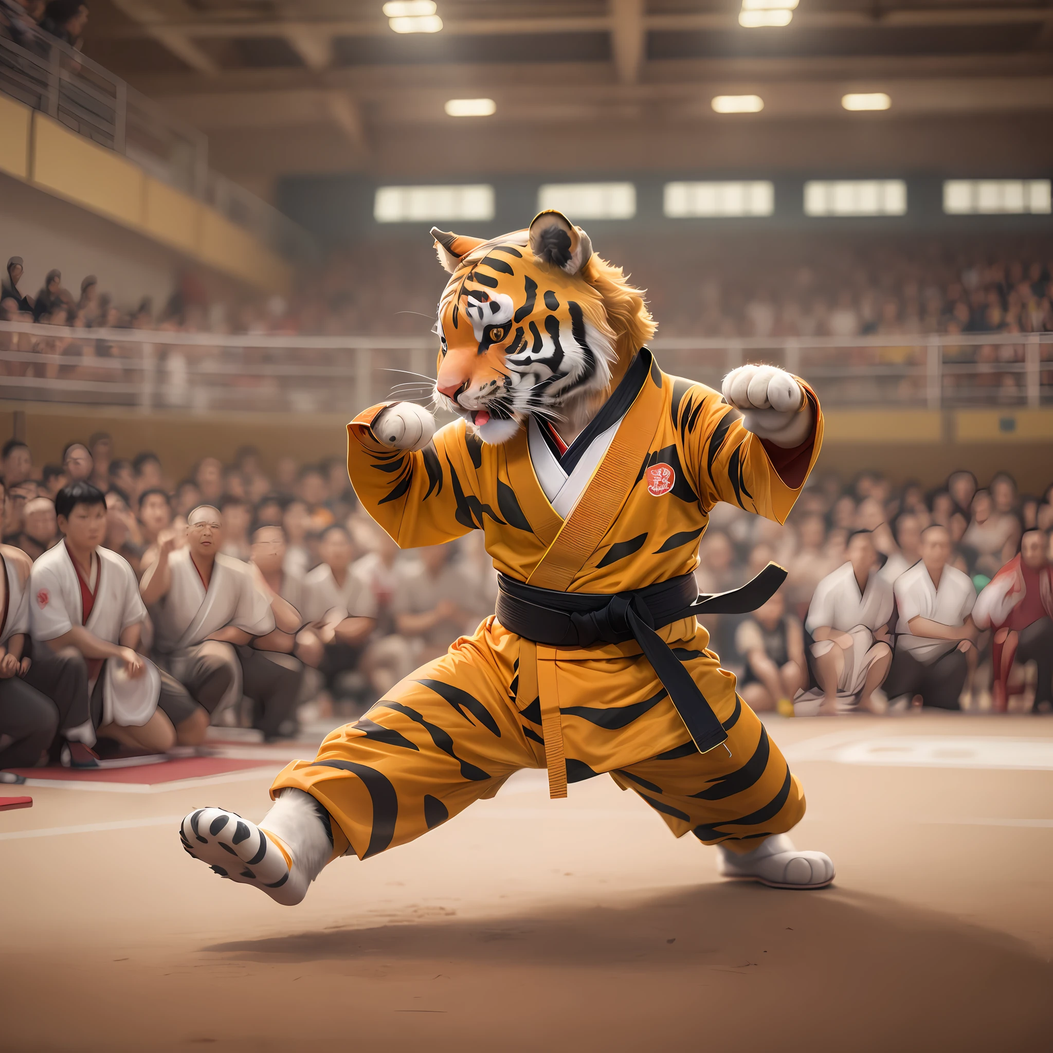 A cute Tigger doing Kung-Fu, kimono, dojo. sport arena. Animal sport event. intricate details. UHD