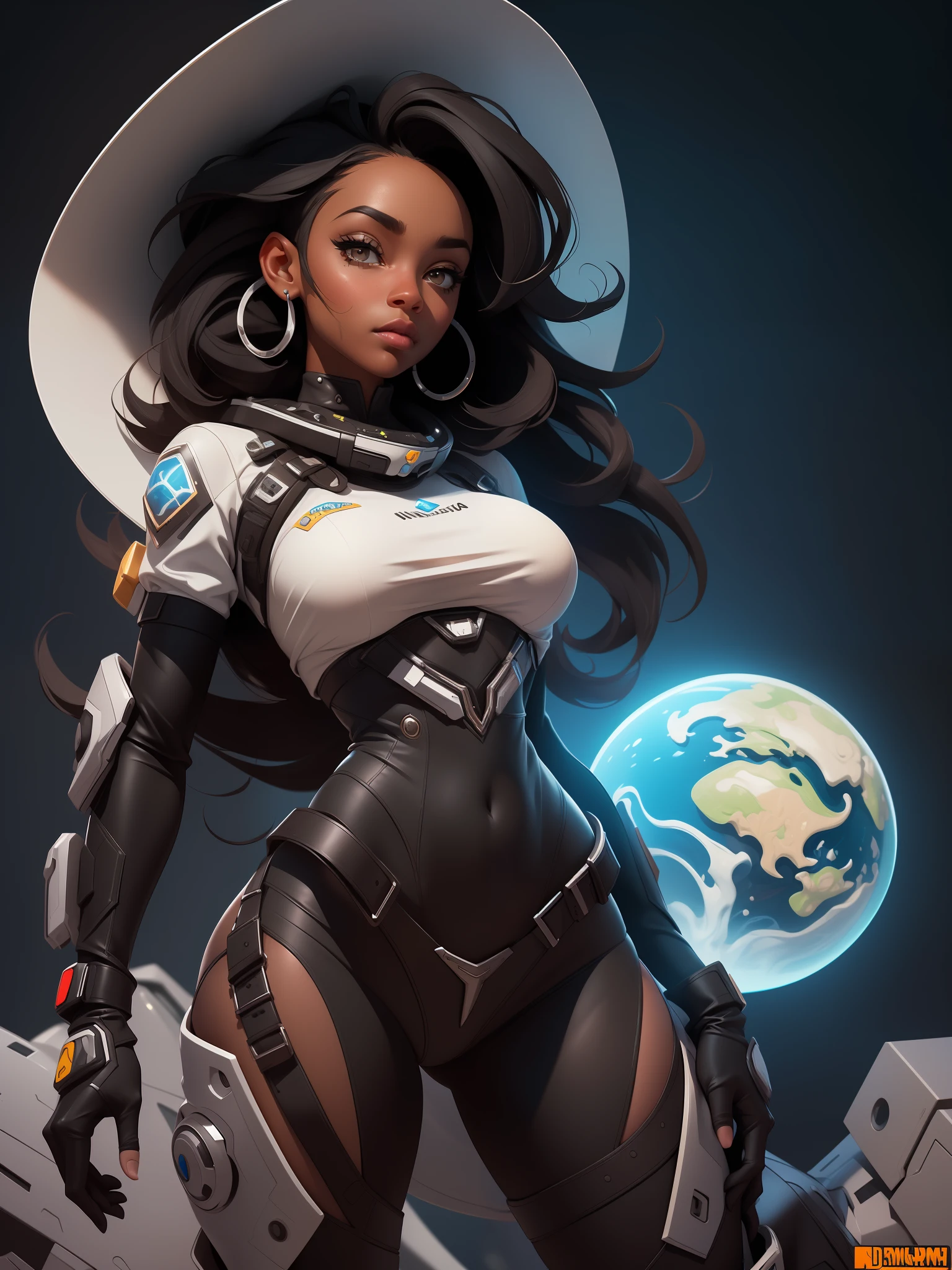obra prima, melhor qualidade, proporcional, ultra detalhada, (uma linda mulher negra, cowgirl do oeste selvagem, de cabelos grossos, nsfw), abordo de uma nave espacial, sci-fi, futurista, detalhado, 8k, artstation, proportion Aurea