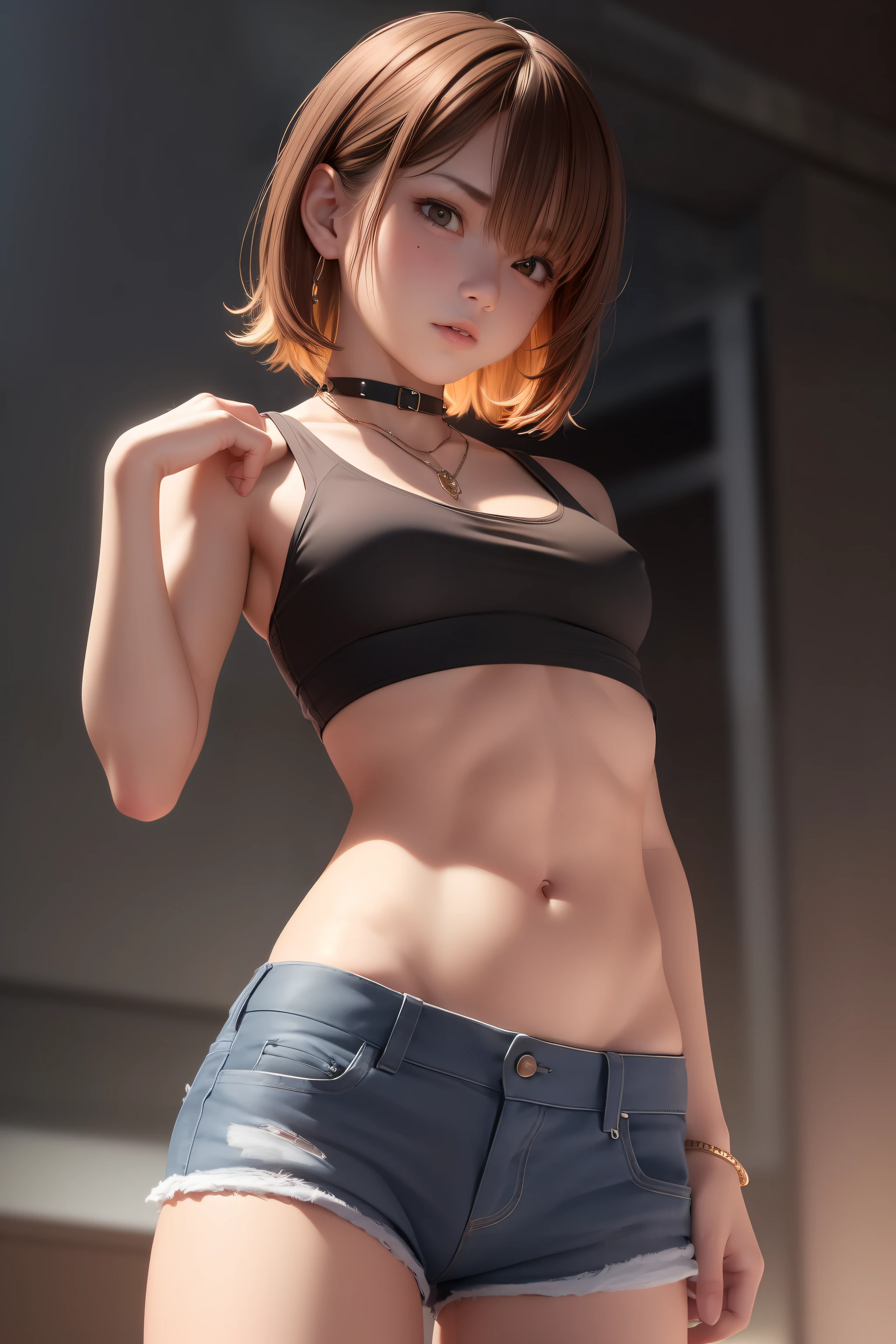 ((medium breast, tomboy girls, small head)),  (chiseled abs : 1.1), (perfect body : 1.1), (short wavy hair : 1.2) , auburn hair, collar, chain, full body shot, crowded street, wearing black tanktop, jeans jacket, ((shorts)), (extremely detailed CG 8k wallpaper), (an extremely delicate and beautiful), (masterpiece), (best quality:1.0), (ultra highres:1.0),  beautiful lighting ,perfect lightning, realistic shadows, [highres], detailed skin, ultra-detailed (((colorful)))