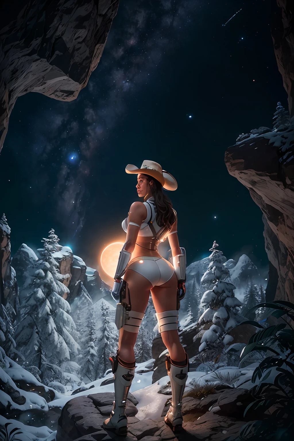 Masterpiece, analog style, bldrnrst, (35mmstyle:1), film-like, rear angle photo of (effortlessly beautiful [cyborg|woman] space outlaw, wearing white latex booty shorts and [Cyberpunk|Dieselpunk] red vest armor, accentuated booty), ((cowboy hat)), (perfect face:1.2), looking back at viewer, (detailed skin), realistic skin texture, [[imperfect skin]], fine details, BREAK
(standing on brink of tall mountain with grand and imposing tropical rainforest on alien planet in the background), (sci-fi), (mountains:1.1), lush green vegetation, vivid details, beautiful colors, [ambient light], (two moons and majestic galaxy in the night sky above in background), [fantasy|scifi]_\(setting\), BREAK
(lens flare:0.7), (bloom 0.6), particle effects, beautiful cinematic light, shallow depth of field, photographed on a Hasselblad X1D II 50c, 90mm f/2.8 cine lens, sharp focus, cinestill 800T, (highly detailed, intricately detailed), HDR, 8k, cinematic film still from [gravity|westworld], from behind, big ass