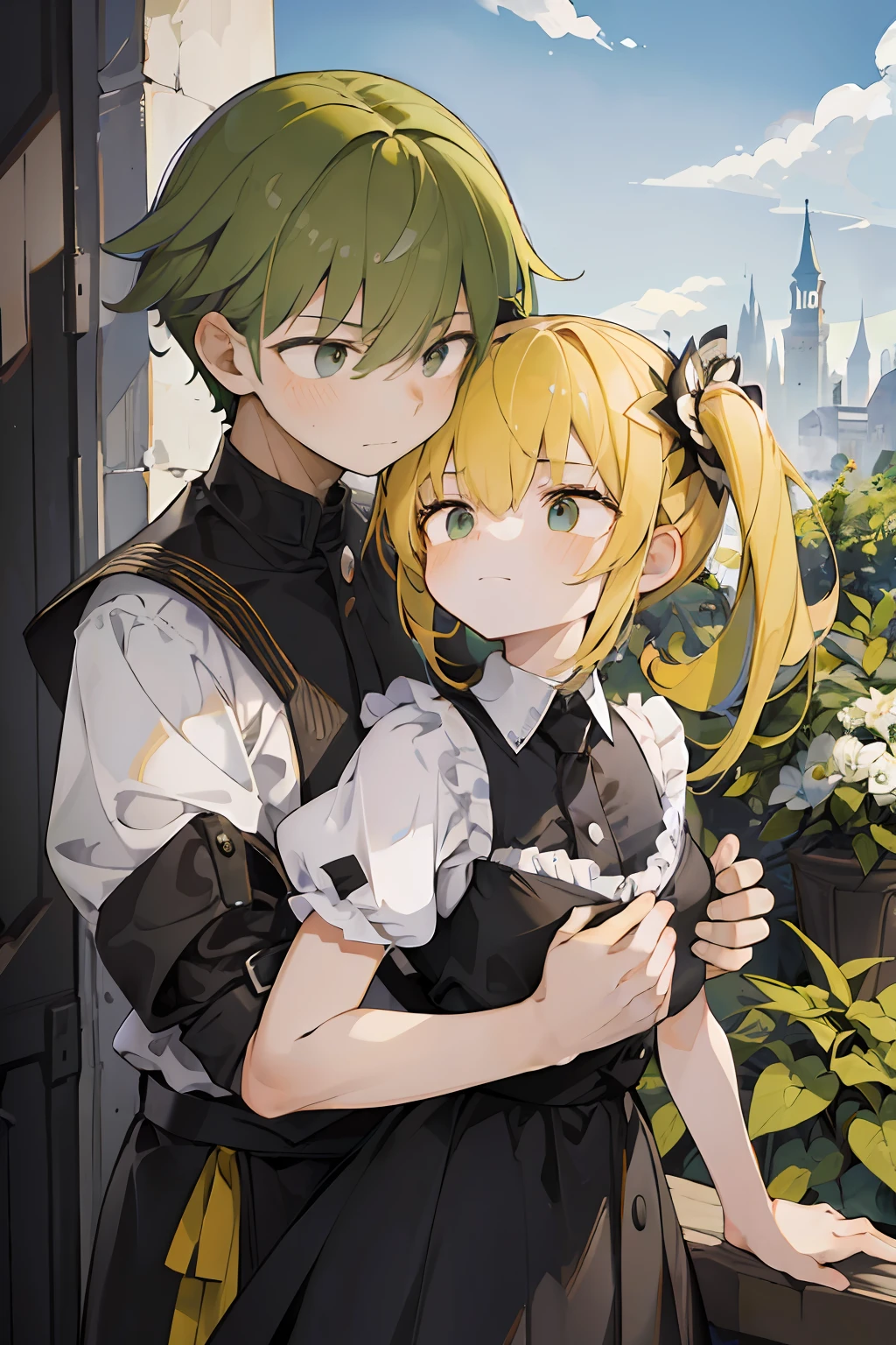 (Masterpiece, Best Quality:1.3), (absurderes, high resolucion, The ultra-detailliert), 2others, couple, 1boy with 1girl, mature, (Height difference1.3), different hair colors, happy, love, (hugging), upper half body, long hair girl, Blonde and dark hair, Fantasy, springtime, a garden, closed mouth, 1Boy, male, Man with a, guy,Testosterone, alpha, Alpha Male, Handsome, Green hair, Very short green hair, Black eyes, sharp eyes,serious face,
