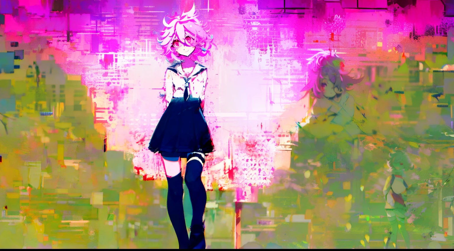 ((Masterpiece, highest quality)), Full body, 1girl, pink eyes, purple hair, short hair, ahoge, ((messy hair)), hair between eyes, school uniform, cardigan, black thigh-highs, crazy smile, yandere, shaded face, blood, head tilt, dark, pink theme, pale skin, shaded face, empty eyes