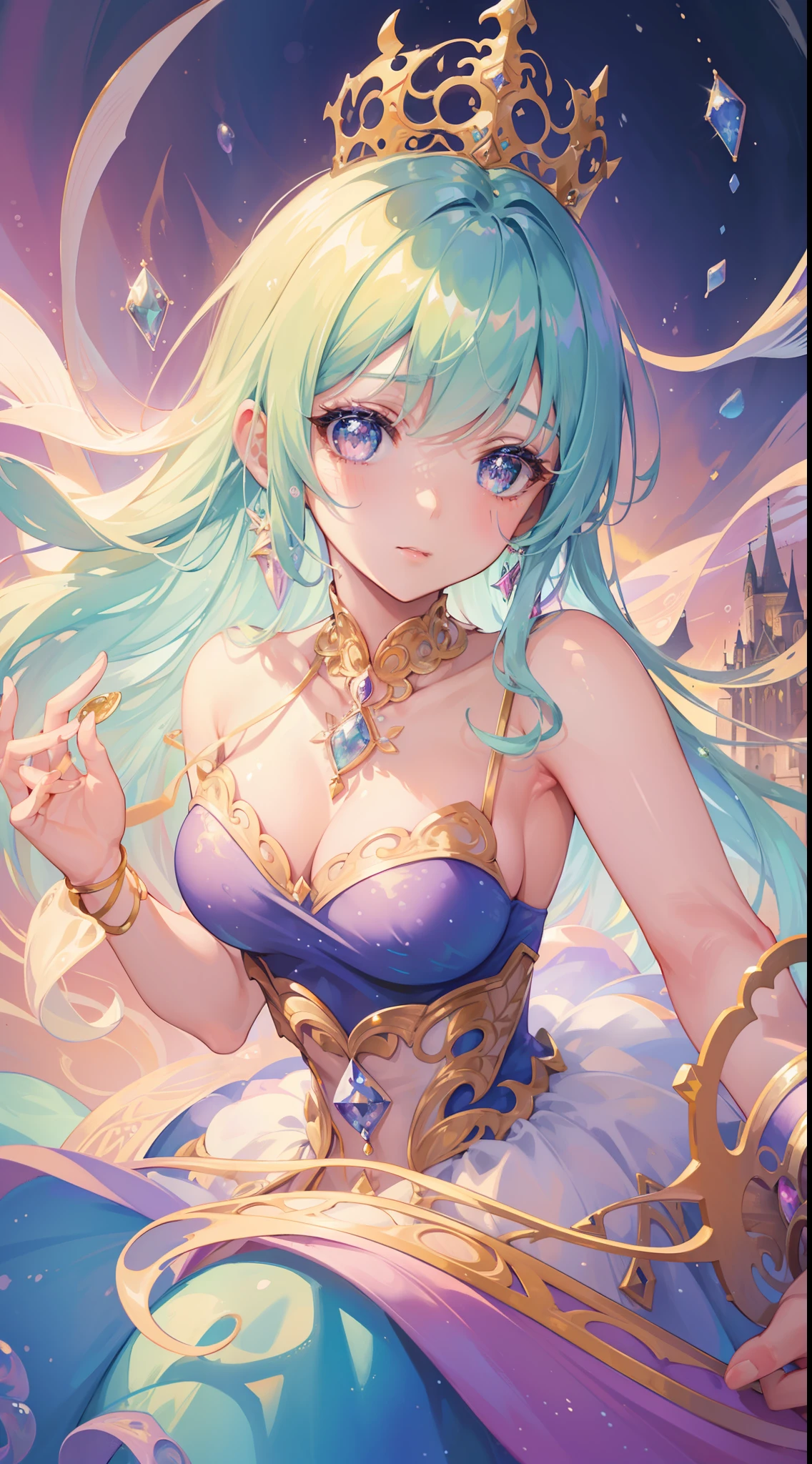 masterpiece, best quality, 8k resolution, sharp focus, intricate detail, beautiful girl, sparkling eyes, golden ratio face, otherworldly liquid, watercolor, ((pastel colors)), bright colors, whimsical, colorful, sharp focus, high resolution, fine detail, princess fantasy ballgown, ((round eyes)), iridescent bubbles, castle landscape in background