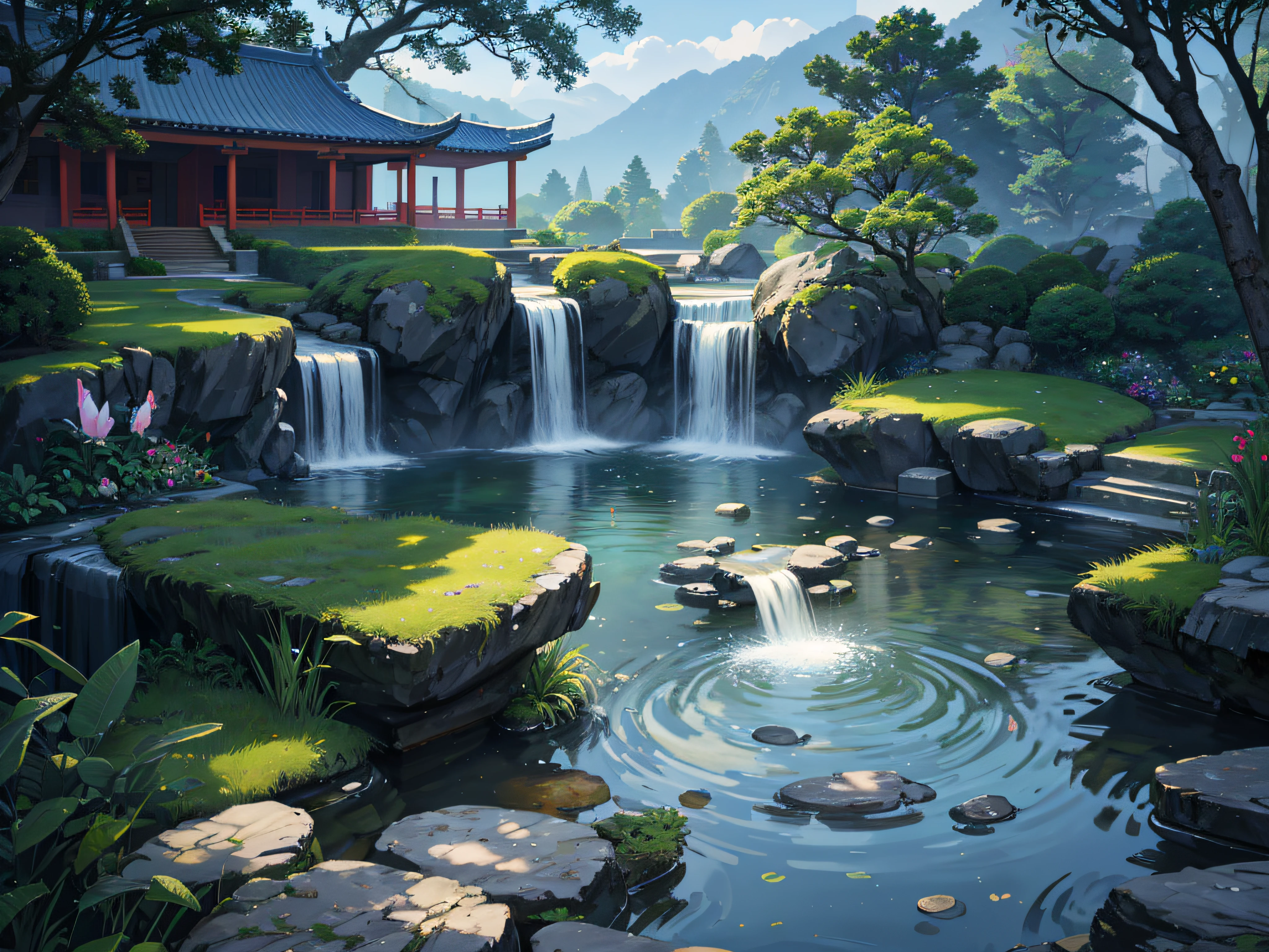 Ancient Chinese architecture, moon, night, garden, bamboo, lake, stone bridge, rockery, arch, corner, rockery, tree, running water, landscape, outdoor, waterfall, grass, rock, water lily, hot spring, water vapor, (Illustration: 1.0 ), Epic Composition, Realistic Lighting, HD Details, Masterpiece, Best Quality, (Very Detailed CG Unity 8k Wallpaper), (Best Quality)