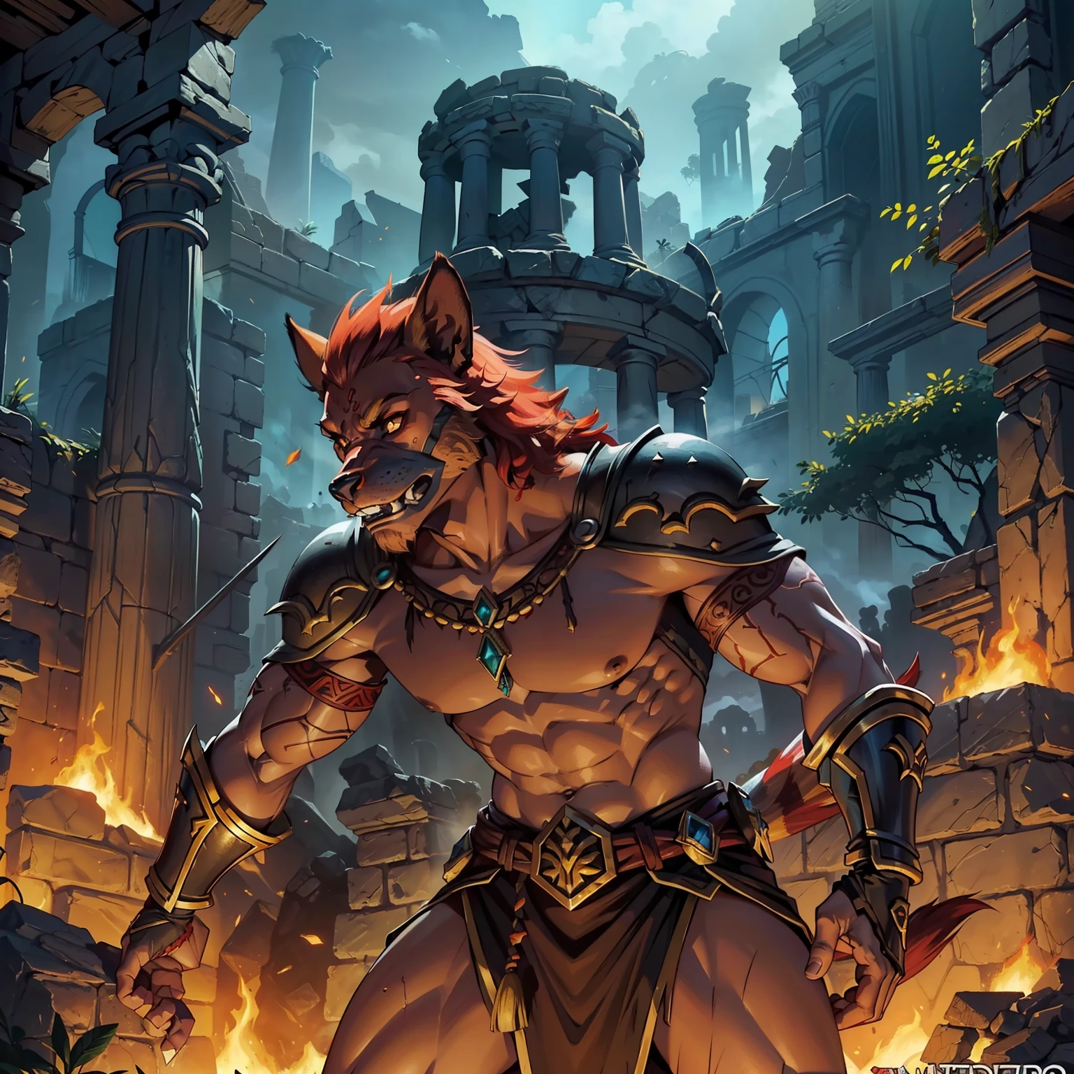 (papel de parede 8k extremamente detalhado:1.2), (melhor qualidade:1.2), (Tema Aventura e Fantasia), Perfil (personagem de Paizo Pathfinder RPG, Masmorras & Dragões e World of Warcraft), (((1 red gnoll))) , jovem, pelo vermelho incandescente, atletic, foco nítido, (subsurface scatter:1.1), award-winning photography, (( Barda estilo africano :1.3)), ((tiro de meio corpo:1.1)), centrado no rosto, Enigmatic expression, runic tattoos, tinta de guerra,  olhos de fogo penetrantes:1.2, usando armadura de couro vermelho, pequeno tambor de guerra, (antes de Mystic Ruins l:1.3), (Antecedentes muito detalhados:1.2), dramatic lighting