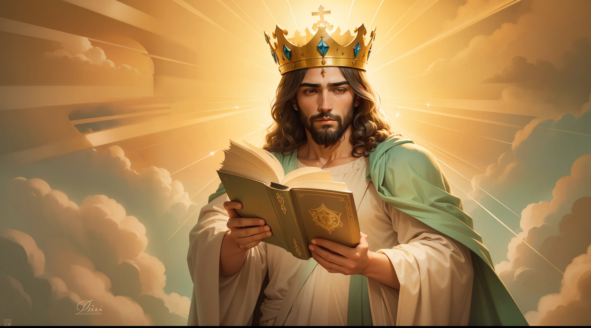 Jesus holding a book with a crown on his head, Retrato de um Deus Celestial, Jovem Deus Todo-Poderoso, Jesus Cristo, imagens sagradas, bible illustration, Rei dos Reis, deus divino, biblical accurate angel, Retrato de Jesus Cristo, imagens religiosas, Obra-prima da luz brilhante, O Senhor e Salvador, Jesus, reino divino dos deuses, arte conceitual de deus, sentou-se em seu trono