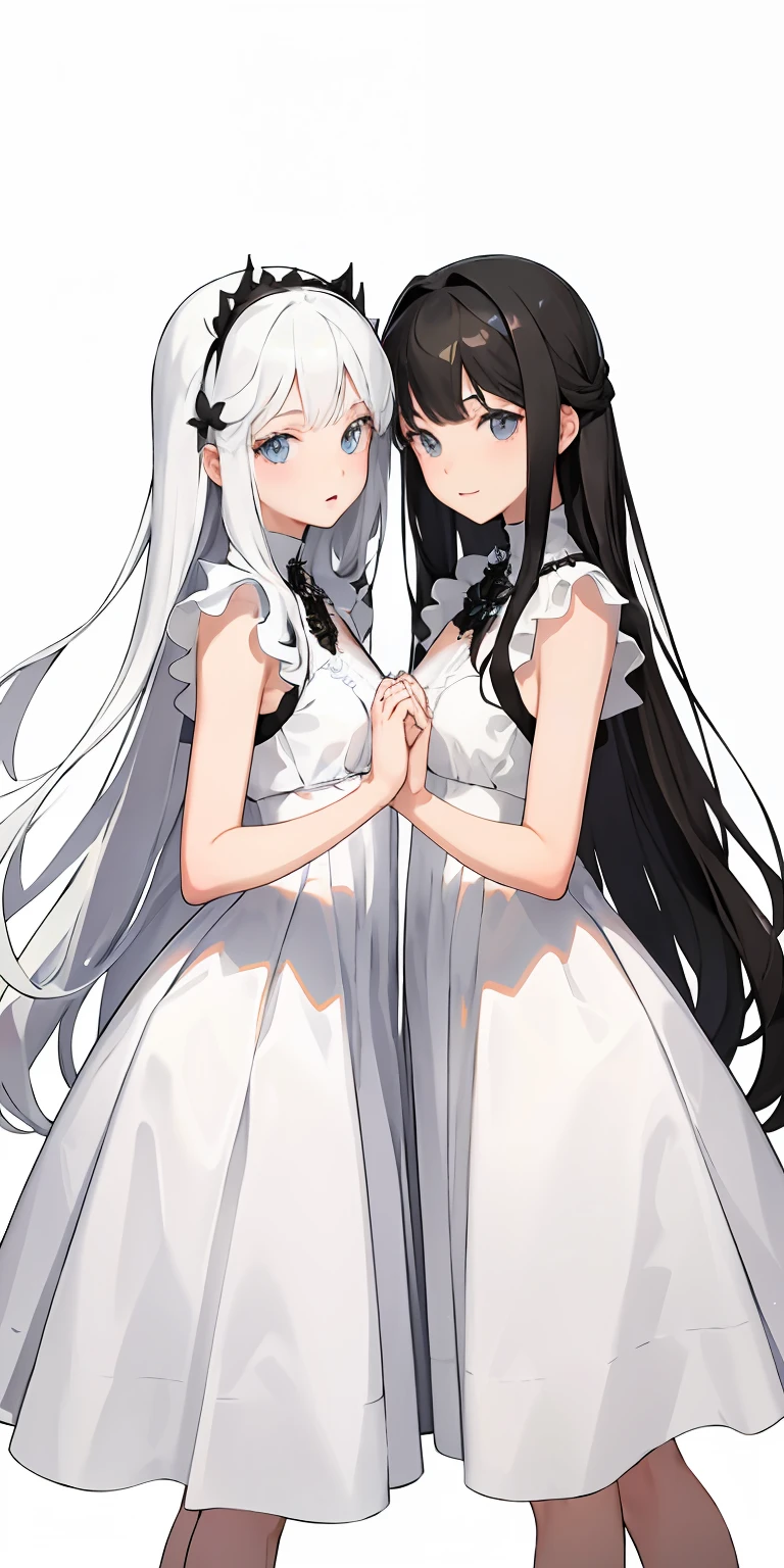 Sisters holding each other's hands Shades White background 15 year old queens dress without features Different hairstyles Distant hands