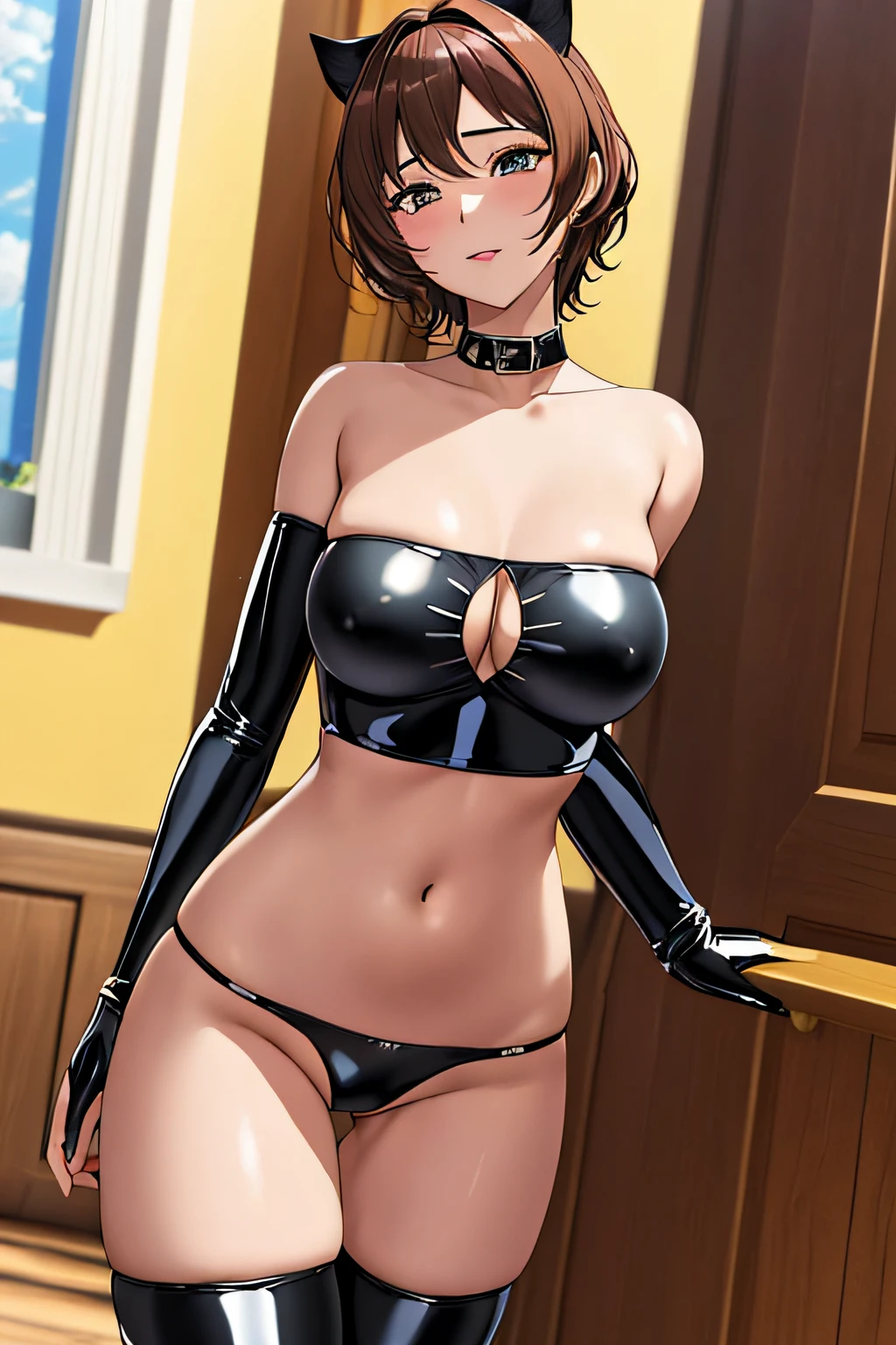 "There is a ((catwoman in latex costume lenseria herotica)), ((8mascara de gatubela))) fantasy, with short brown hair. (Wearing a catwoman's outfit). (((bajina remarked))). Note "even the smallest details of the image, especially the details of the eyes, emphasizing realism. This official Unreal 8k art wallpaper is a highly detailed, beautiful, Aesthetic masterpiece of the highest quality. The use of dynamic angles shows the elegance and romanticism of the image. This character has large breasts, no panties". Stockings, tight transparent sheer silk, super slim clothing, ((nipples remarked)) Tight transparent thin fabric, ((nipples exposed)) visible navel, legs open, ((bajina remarked)) ((erotic slim transparent bikini lingerie)) nude squeezing her breasts, (no clothes) ((blushing)) ((happy)) erotic pose.