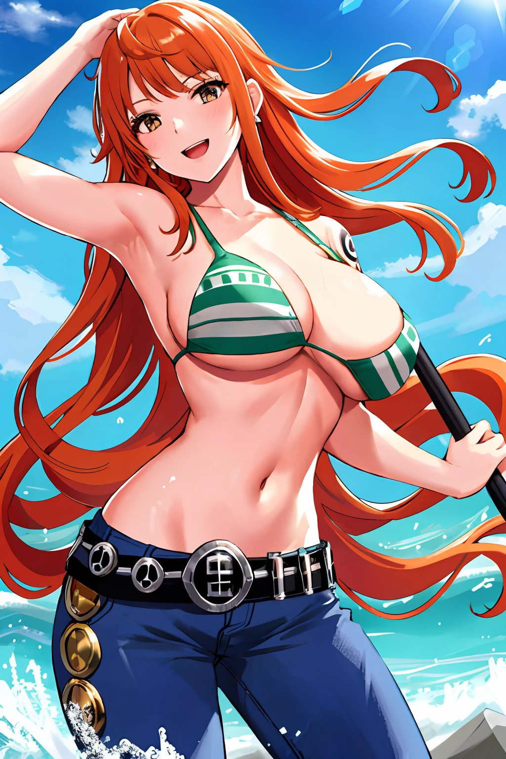 detailed background, masterpiece, 4k, best quality, adult, wrestler, 1girl, active, energic, uppercut, (large mouth) , solo, nami \(one piece\), 1girl, bangle, very wet, soaked in sweat, perfect detailed face, bold drawing lines, muscular arms, detailed bold arm lines, flat jaw, adult woman, wavy wide streaked bangs, floating bang streaks, (big cheeks), bare shoulders, off-shoulders, belt, bikini, bikini top only, blue sky, bracelet, springy breasts, breast lines, big round eyes, plain big brown shiny eyes, bubbles, high eye position, cleavage, cloud, day, denim, earrings, floating hair, shiny hair, green belt, green bikini, bold groin lines, jeans, jewelry, medium breasts, log pose, long hair, looking at viewer, navel, wet hair, orange hair, pants, shoulder tattoo, sidelocks, sky, solo, standing, stomach, swimsuit, tattoo , looking at viewer, open mouth, detailed left arm, big forehead, hourglass figure, small head, very happy, laughing, toned body, wide hair, wind effect, sun effect, under the sun, narrow small ears angle, older, random poses, tired