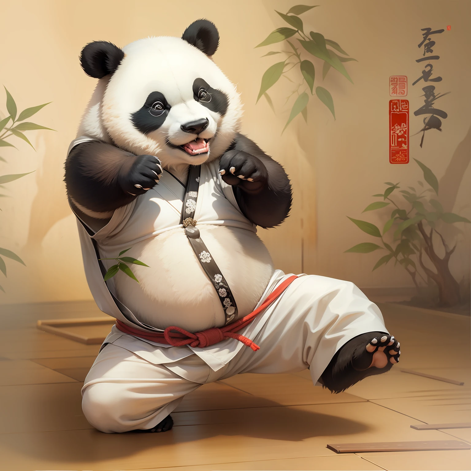 A panda doing Kung-fu, kimono, dojo