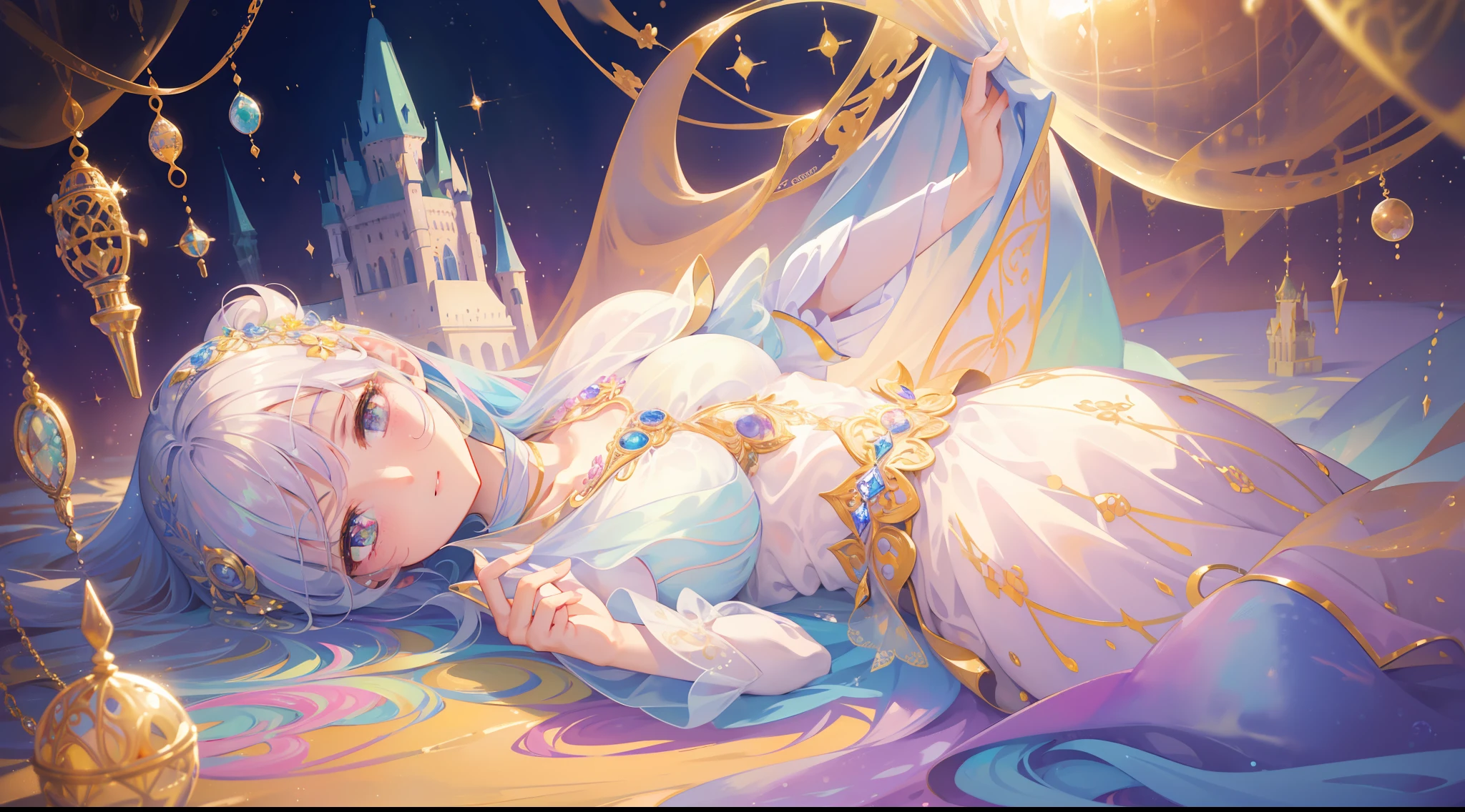 masterpiece, best quality, 8k resolution, sharp focus, intricate detail, beautiful girl, sparkling eyes, golden ratio face, otherworldly liquid, watercolor, ((pastel colors)), bright colors, whimsical, colorful, sharp focus, high resolution, fine detail, princess fantasy ballgown, ((round eyes)), iridescent bubbles, castle landscape in background