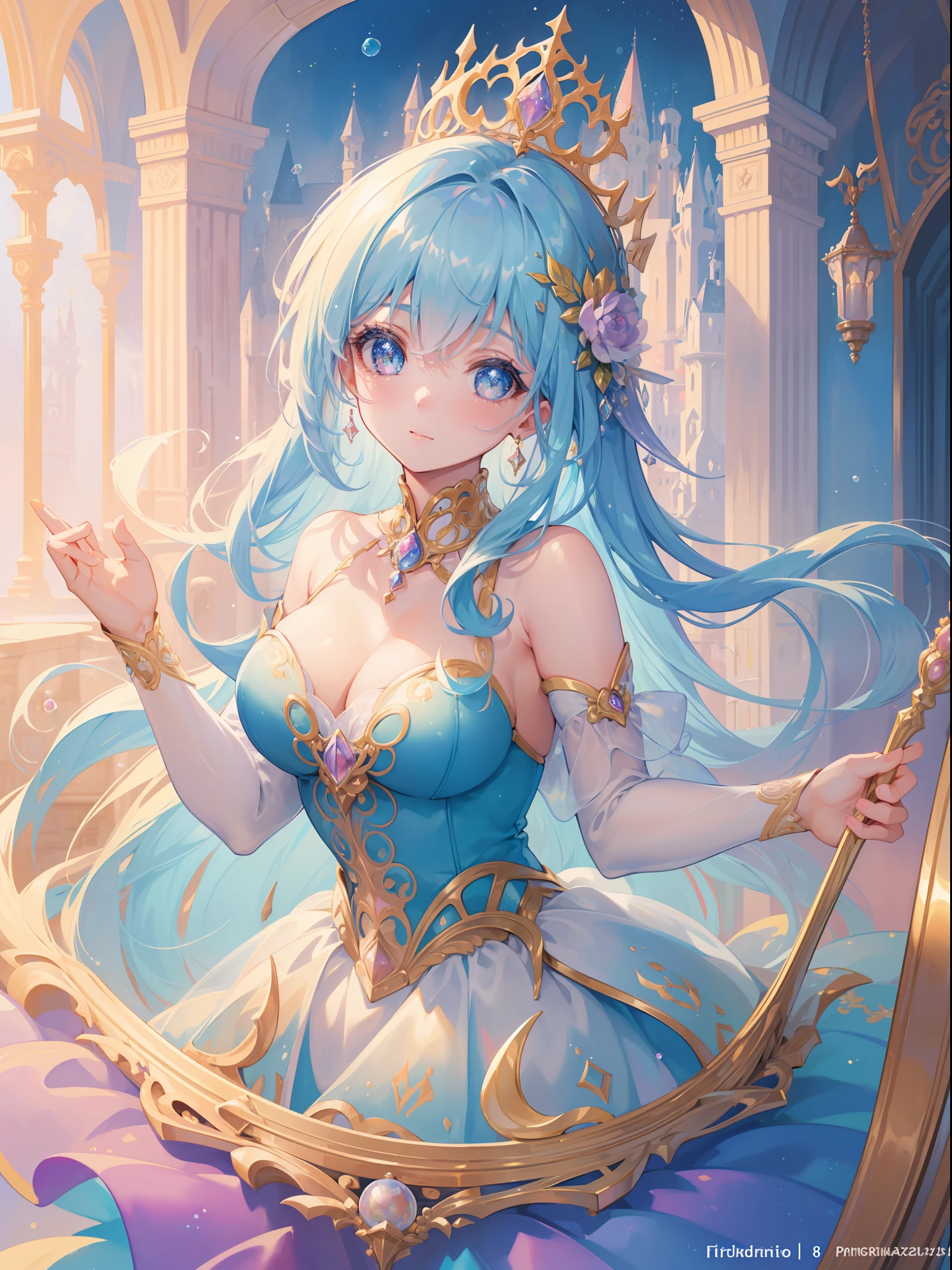 masterpiece, best quality, 8k resolution, sharp focus, intricate detail, beautiful girl, sparkling eyes, golden ratio face, otherworldly liquid, watercolor, ((pastel colors)), bright colors, whimsical, colorful, sharp focus, high resolution, fine detail, princess fantasy ballgown, ((round eyes)), iridescent bubbles, castle landscape in background