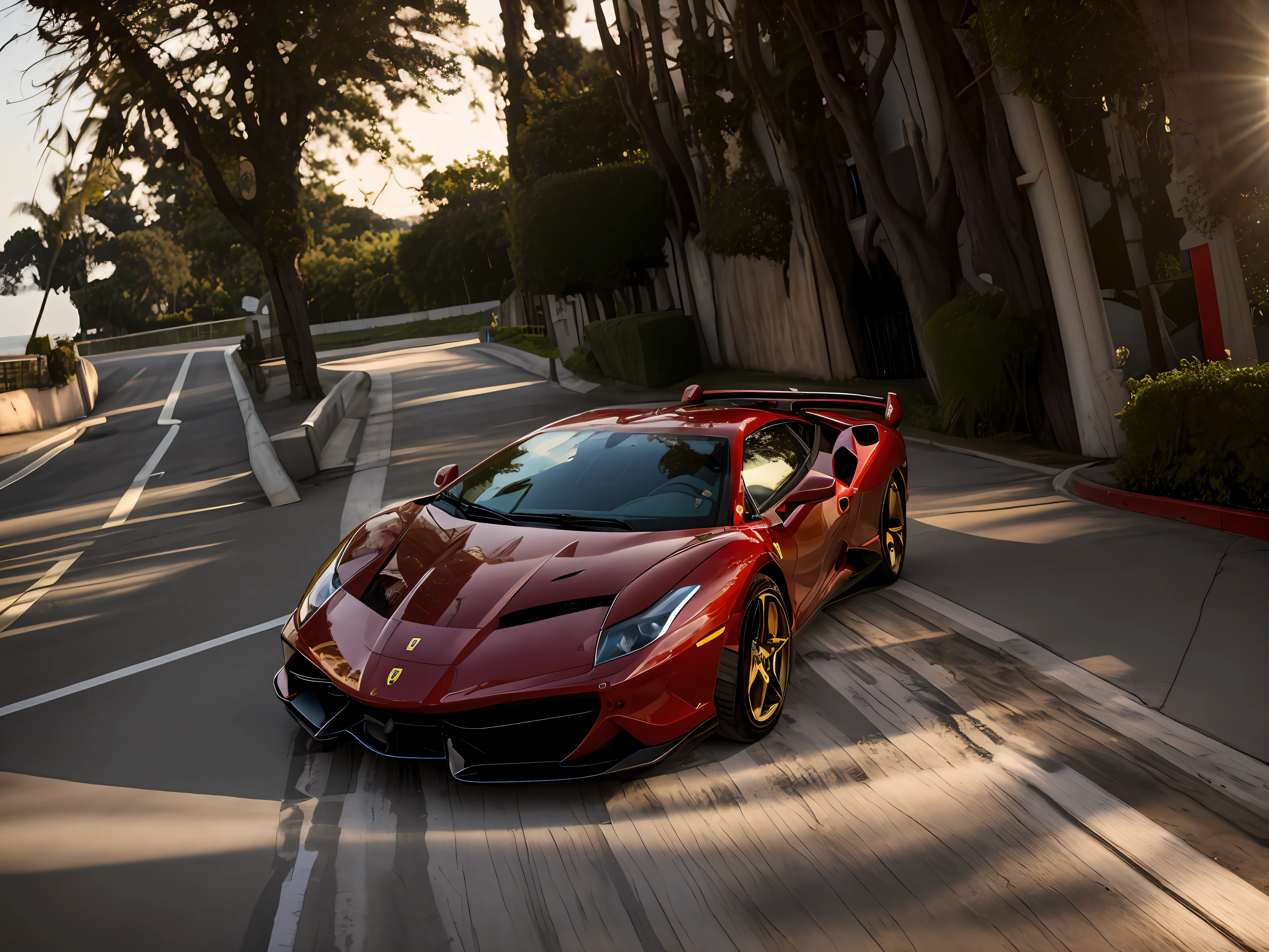 there's a car(Ferrari) that is in a ship port, Super carro, carro vermelho, foto de um carro esportivo, carro esporte, prototype car, carro esportivo (Barcos) Porto, carro esportivo, Tiro frontal, carro esportivo, Supercarro, veneno, Estilo Lamborghini Ousado, vista completa de um carro, Foto realista, Foto RAW, (.RAW), altamente detalhado, carro conceito, tiro largo detalhado, red and cinematic lighting