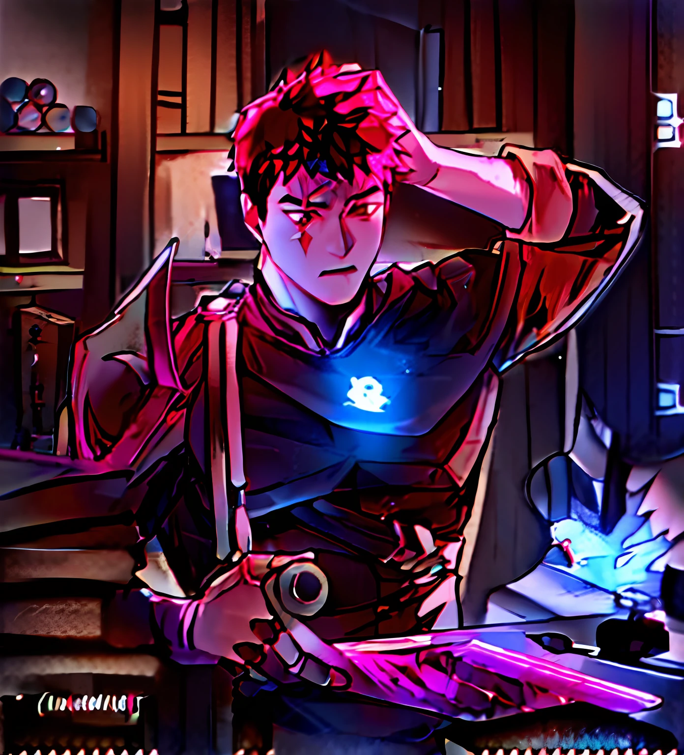 Create an avatar of a young boy with red hair, blending elements from the anime series Jujutsu Kaisen, My Hero Academia, and Pokémon. The boy should be wearing a Jujutsu Kaisen-inspired school uniform, featuring the emblem of a hero training school. He should wield a kind of 'magic brush' - a reference to the protagonist of Jujutsu Kaisen - glowing with a special power.
On his shoulder, place a small Pokémon companion, such as Pikachu or Eevee, which may also incorporate subtle Jujutsu Kaisen elements, like a bandana inspired by the sorcery school students.