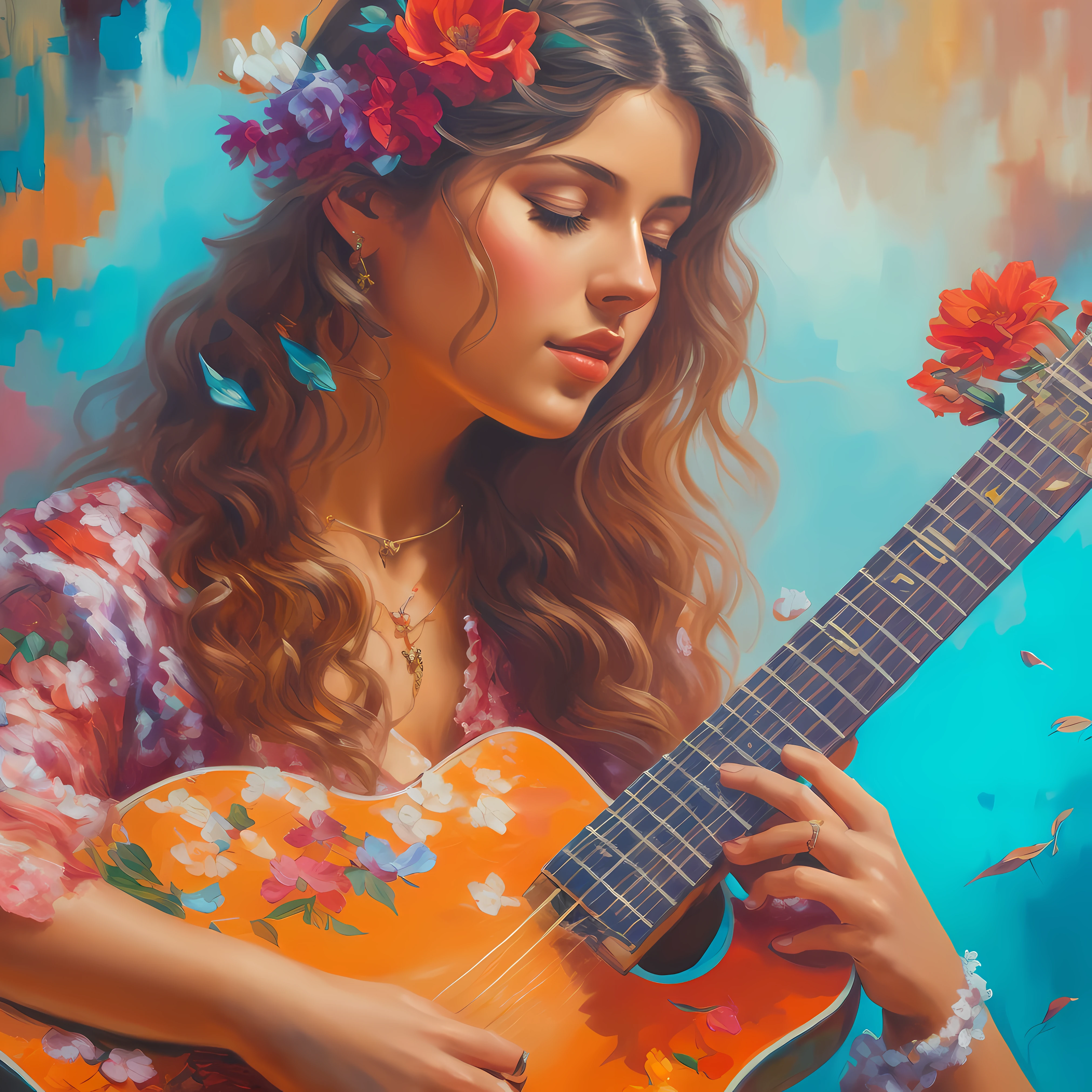 Painting of a woman with a guitar and flowers in her hair, Arte bonita UHD 4K, pintura realista da mulher espanhola, Daniel Lezama estilo de pintura, pintura detalhada 4K, Jen Bartel, Valentina Embaralhamento, intricate oil painting artwork, pintura de bonito, pintura sensual, the girl plays the guitar, Artwork, detailed 4 k oil painting