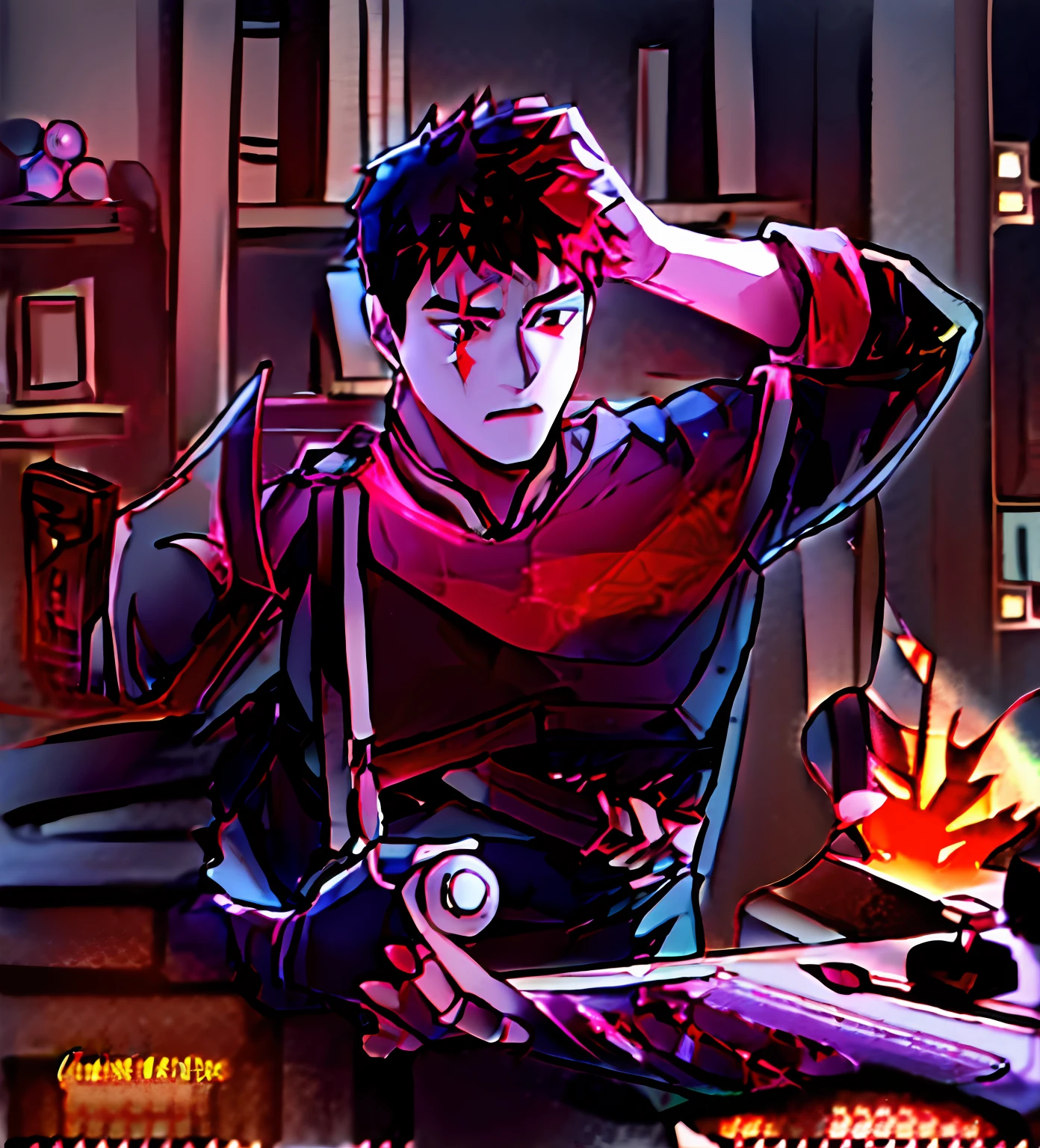 Create an avatar of a young boy with red hair, blending elements from the anime series Jujutsu Kaisen, My Hero Academia, and Pokémon. The boy should be wearing a Jujutsu Kaisen-inspired school uniform, featuring the emblem of a hero training school. He should wield a kind of 'magic brush' - a reference to the protagonist of Jujutsu Kaisen - glowing with a special power.
On his shoulder, place a small Pokémon companion, such as Pikachu or Eevee, which may also incorporate subtle Jujutsu Kaisen elements, like a bandana inspired by the sorcery school students.