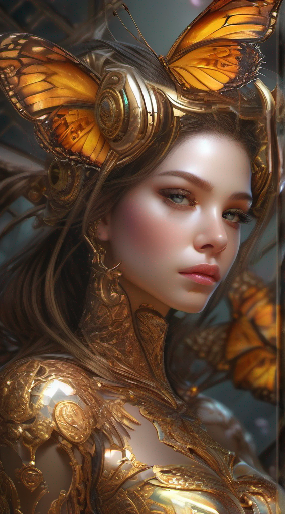 8k portrait of beautiful cyborg with brown hair, intricate, elegant, highly detailed, majestic, digital photography, art by artgerm and ruan jia and greg rutkowski surreal painting gold butterfly filigree, broken glass, (masterpiece, sidelighting, finely detailed beautiful eyes: 1.2), hdr,