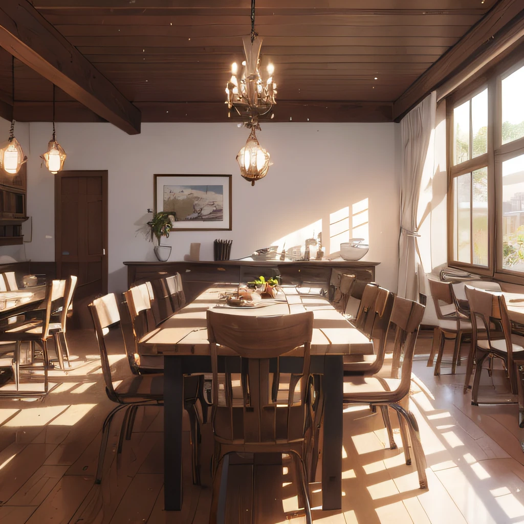 There is a large dining room with only one table in the center, mesa comprida com cadeiras, table full of bread, realism rendering, perspectiva, wide vision, non-Unreal Engine 5 rendering