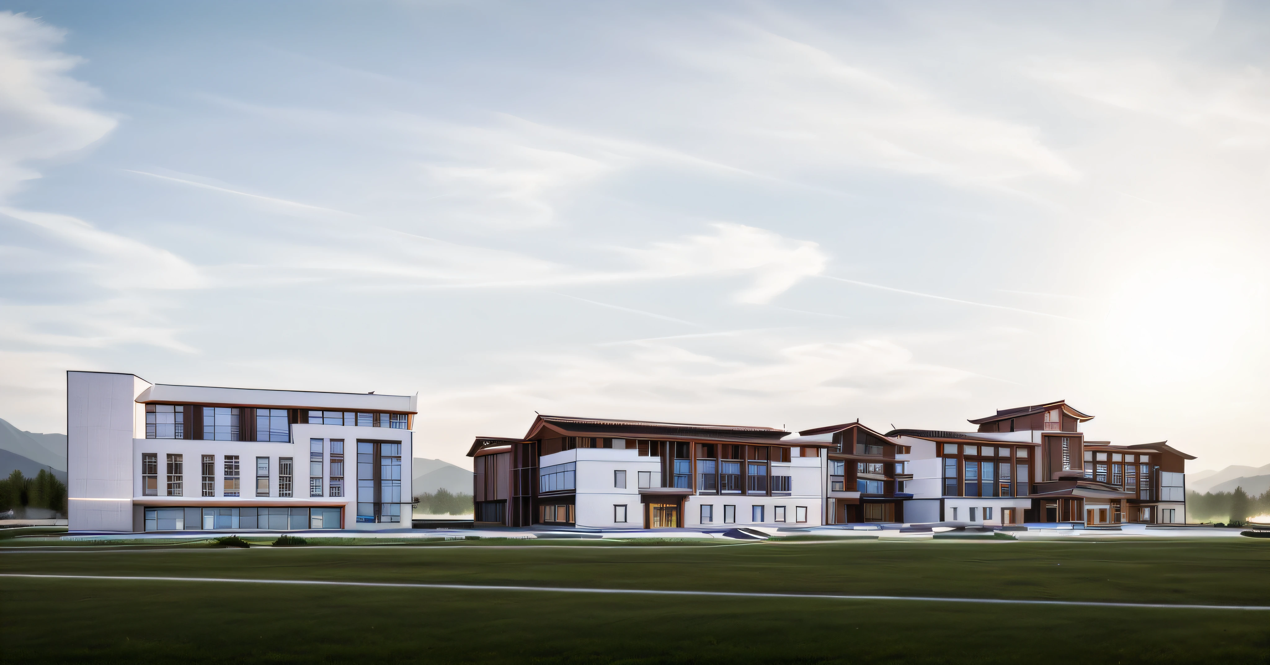 Lijiang，5 stars hotel，（tmasterpiece，Sunny weather，ssee-through，Four floors），Reflective glass，White wall，A fusion of modern and vernacular architecture，The roof has curves and warping angles，realistic cgi render，archviz，grassy fields，clear blue skies