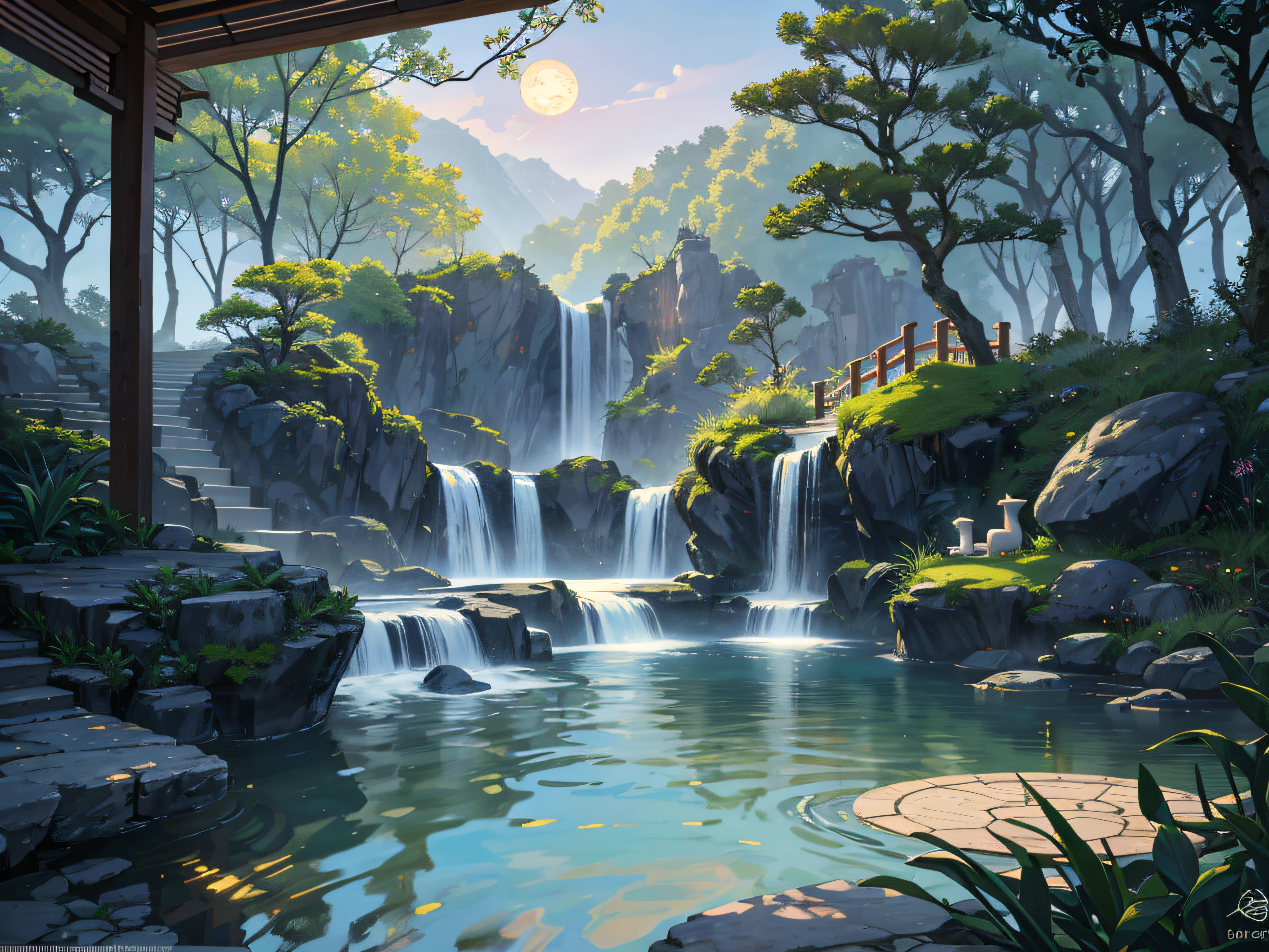 Ancient Chinese architecture, moon, night, garden, bamboo, lake, stone bridge, rockery, arch, corner, rockery, tree, running water, landscape, outdoor, waterfall, grass, rock, water lily, hot spring, water vapor, (Illustration: 1.0 ), Epic Composition, Realistic Lighting, HD Details, Masterpiece, Best Quality, (Very Detailed CG Unity 8k Wallpaper), (Best Quality)