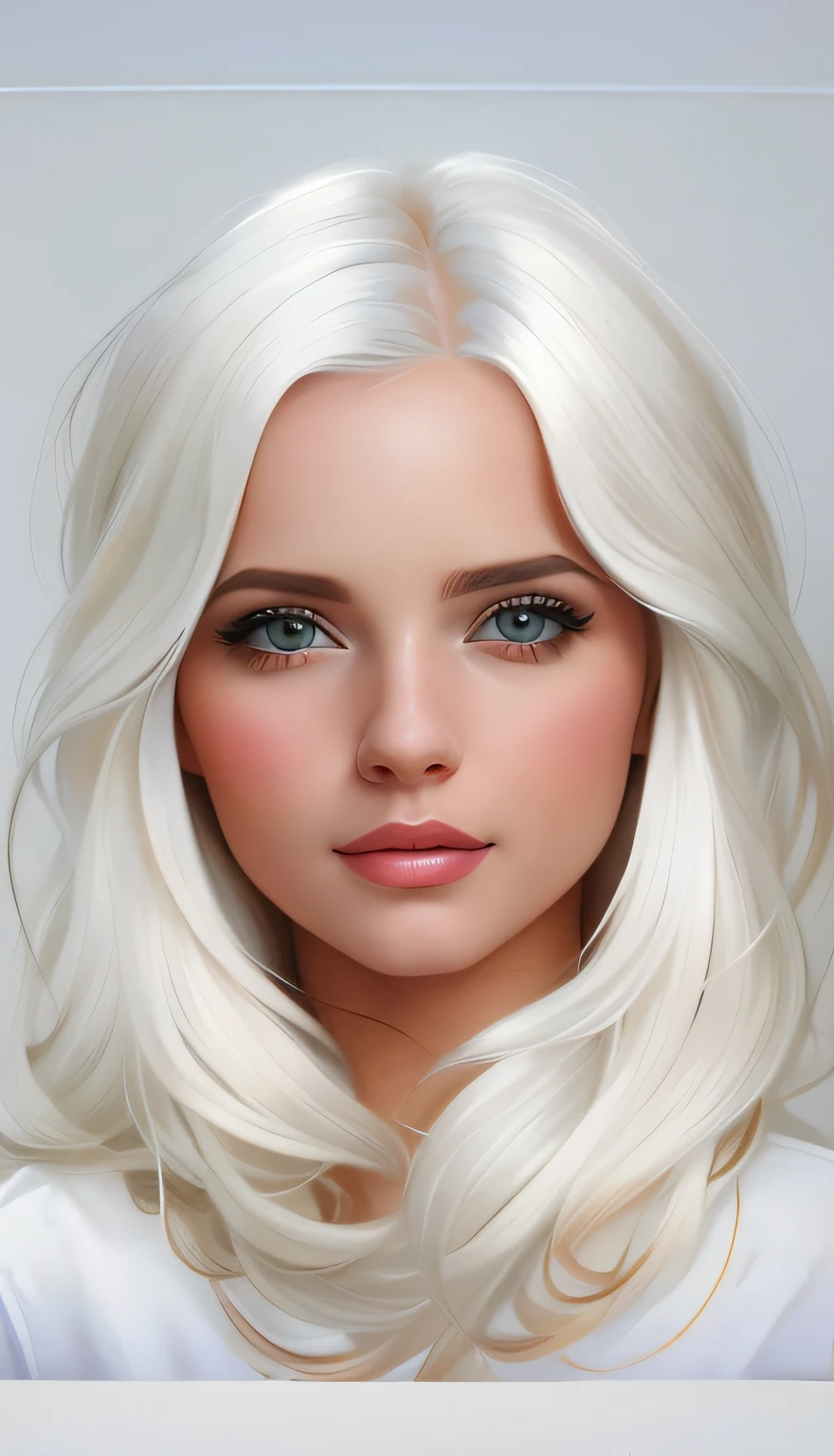 Mulher loira com olhos azuis e cabelos brancos em uma camisa branca, rosto bonito realista, belo rosto realista, realistic digital illustration, com cabelo branco, meninaita de cabelos brancos, rosto bonito detalhado, rosto realista detalhado, retrato feminino realista, stunning digital illustration, retrato de beleza detalhado, lindo pintura digital, retrato de personagem de closeup, retrato de rosto detalhado realista, retrato de fantasia digital