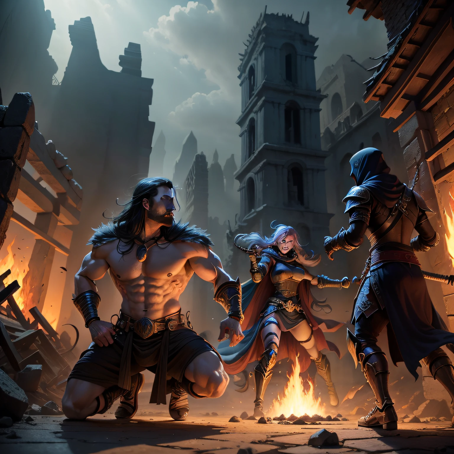 A mage, a warrior and a rogue fighting versus skeletons in ruins of a temple, cartoon style, fit bodies, grim dark, combat, rich color, smooth.