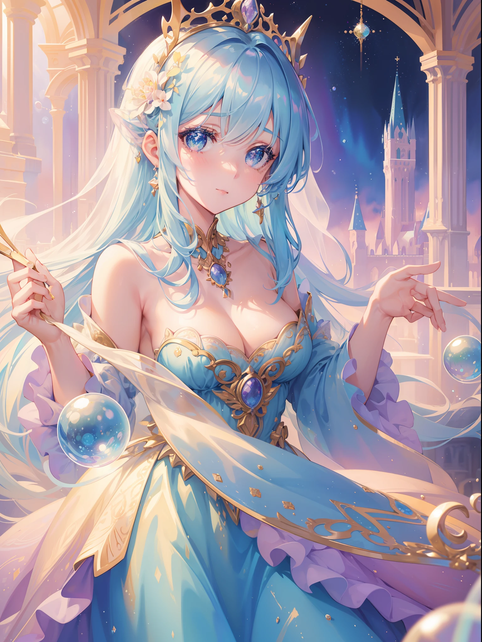 masterpiece, best quality, 8k resolution, sharp focus, intricate detail, beautiful girl, sparkling eyes, golden ratio face, otherworldly liquid, watercolor, ((pastel colors)), bright colors, whimsical, colorful, sharp focus, high resolution, fine detail, princess fantasy ballgown, ((round eyes)), iridescent bubbles, castle landscape in background